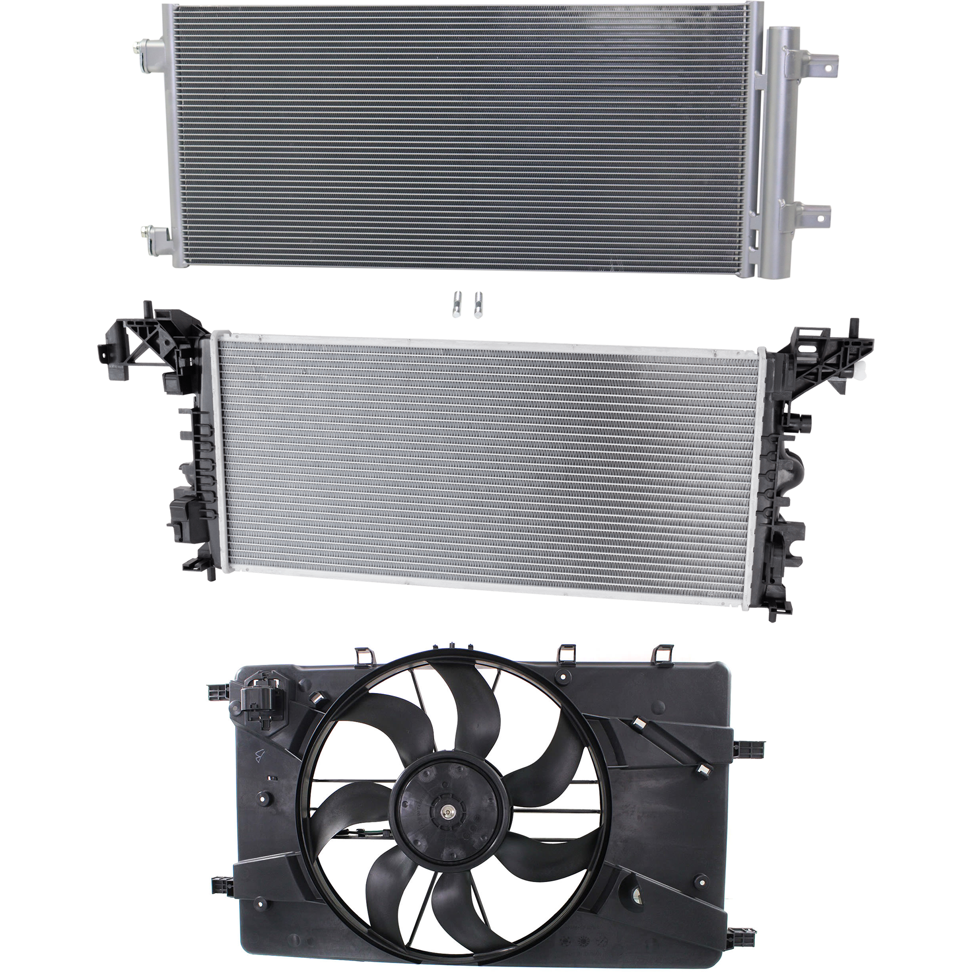 AM CRUZE 16-16 A C CONDENSER RADIATOR COOLING FAN KIT 3 pc kit 1.4L Eng. 4 Cyl. SKU KIT 083124-10 Partslink GM3030317 GM3115243 GM3010592 OEM 39011385-13360890-39126594