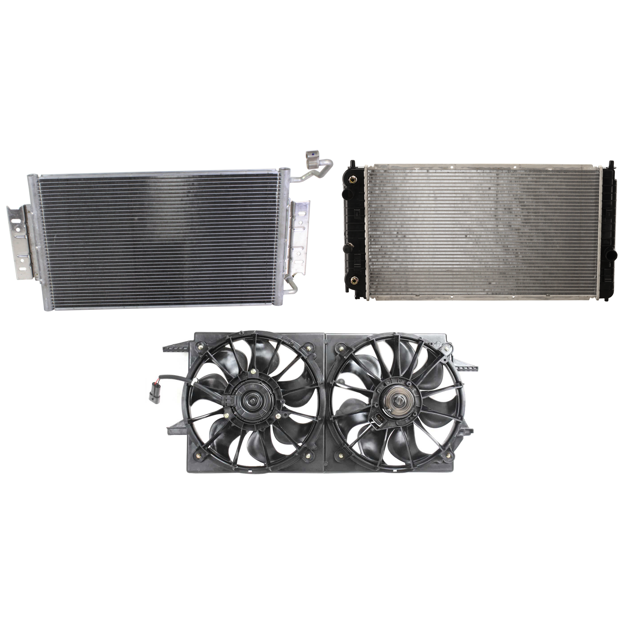 AM GRAND AM 02-05 MALIBU 02-03 A C CONDENSER RADIATOR COOLING FAN KIT 3 pc kit 3.1L 3.4L Eng. 6 Cyl. SKU KIT 083124-26 Partslink GM3030239 GM3115105 GM3010196 OEM 227-194-278-898-647-000-000-000-000