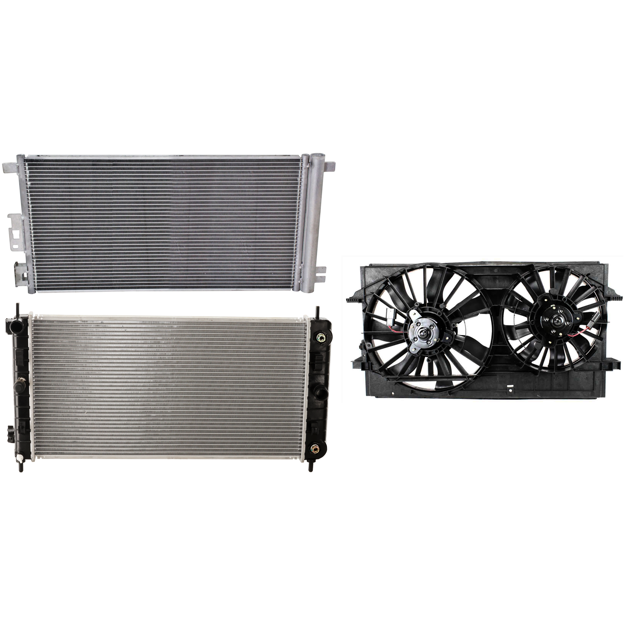 AM G6-05-06 MALIBU 04-07 A C CONDENSER RADIATOR COOLING FAN KIT 3 pc kit 3.5L 3.9L Eng. 6 Cyl. SKU KIT 083124-29 Partslink GM3030255 GM3115178 GM3010444 GM3010508 OEM 20820058-20820057-15788745-524
