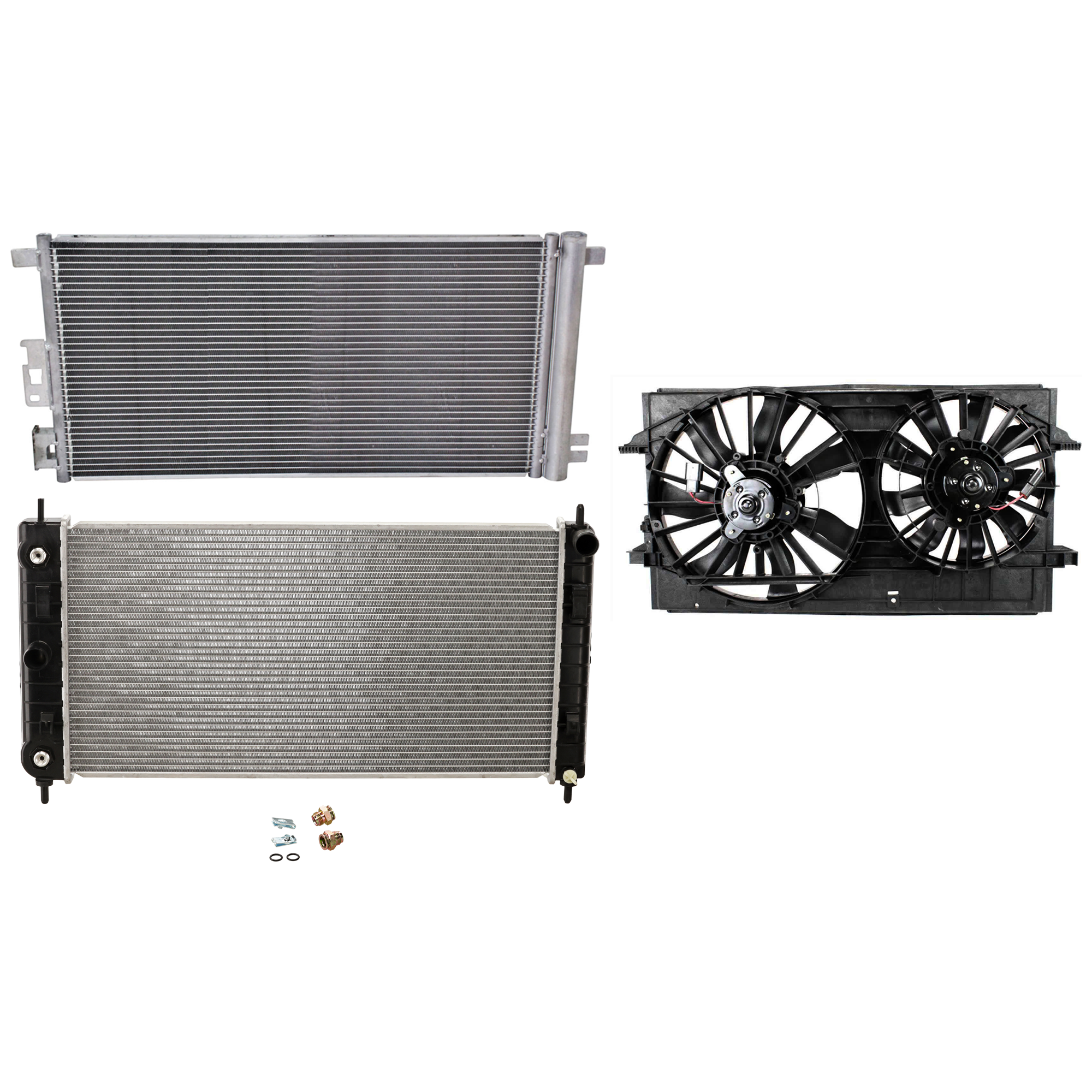 AM G6-06-10 MALIBU 08-12 A C CONDENSER RADIATOR COOLING FAN KIT 3 pc kit 2.4L Eng. 4 Cyl. SKU KIT 083124-31 Partslink GM3030255 GM3115178 GM3010507 OEM 20820058-20820057-15788745-524