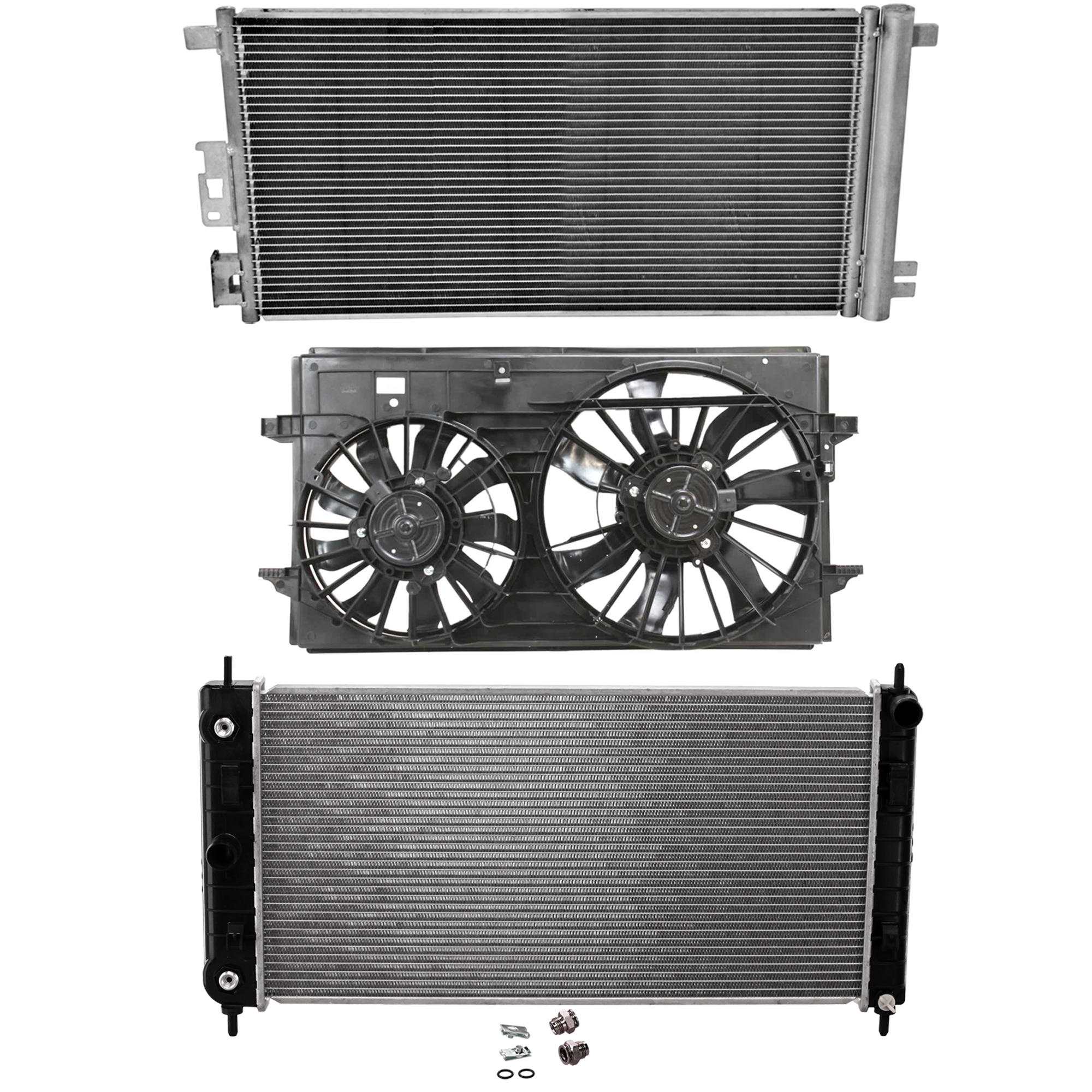AM G6-07-09 MALIBU 08-12 A C CONDENSER RADIATOR COOLING FAN KIT 3 pc kit 3.6L Eng. 6 Cyl. SKU KIT 083124-34 Partslink GM3030255 GM3115208 GM3010507 OEM 208-200-582-082-005-000-000-000-000