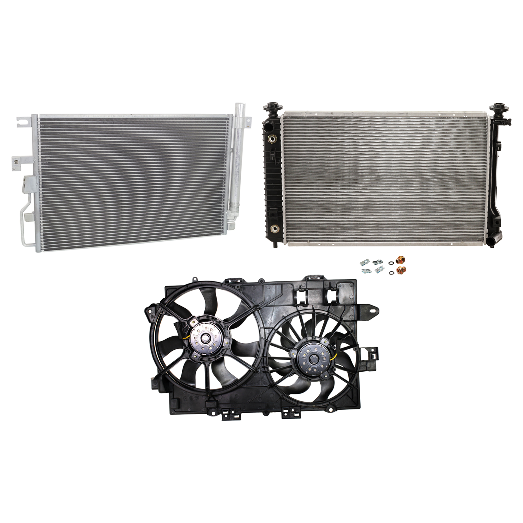 AM EQUINOX TORRENT 06-08 A C CONDENSER RADIATOR COOLING FAN KIT 3 pc kit 3.4L Eng. 6 Cyl. SKU KIT 083124-38 Partslink GM3030274 GM3115204 GM3110160 GM3010515 OEM 19256971-19130470 PFM 19130470