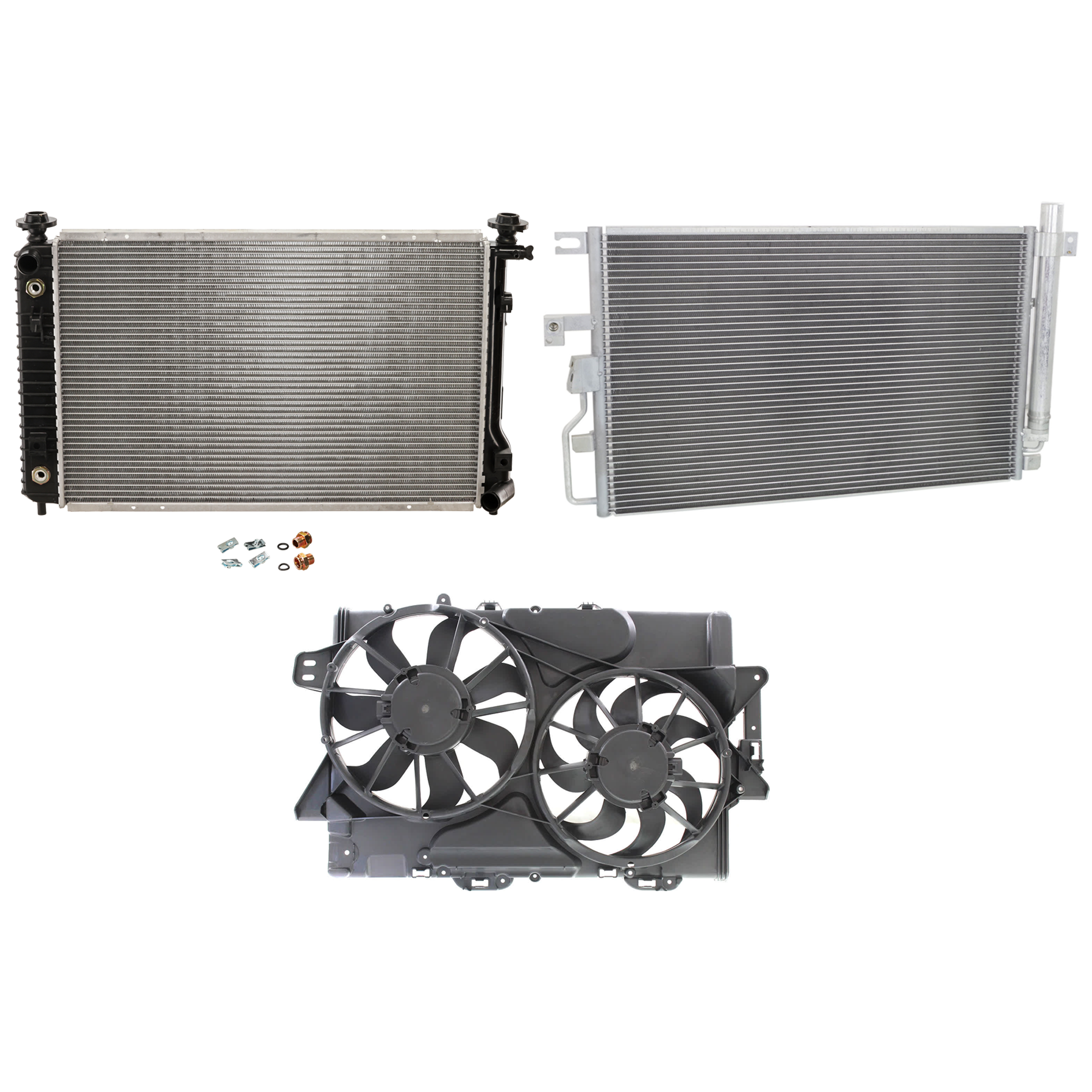AM EQUINOX TORRENT 08-09 A C CONDENSER RADIATOR COOLING FAN KIT 3 pc kit 3.4L Eng. 6 Cyl. SKU KIT 083124-39 Partslink GM3030274 GM3115241 GM3010515 OEM 19256971-19130587 PFM 19130517