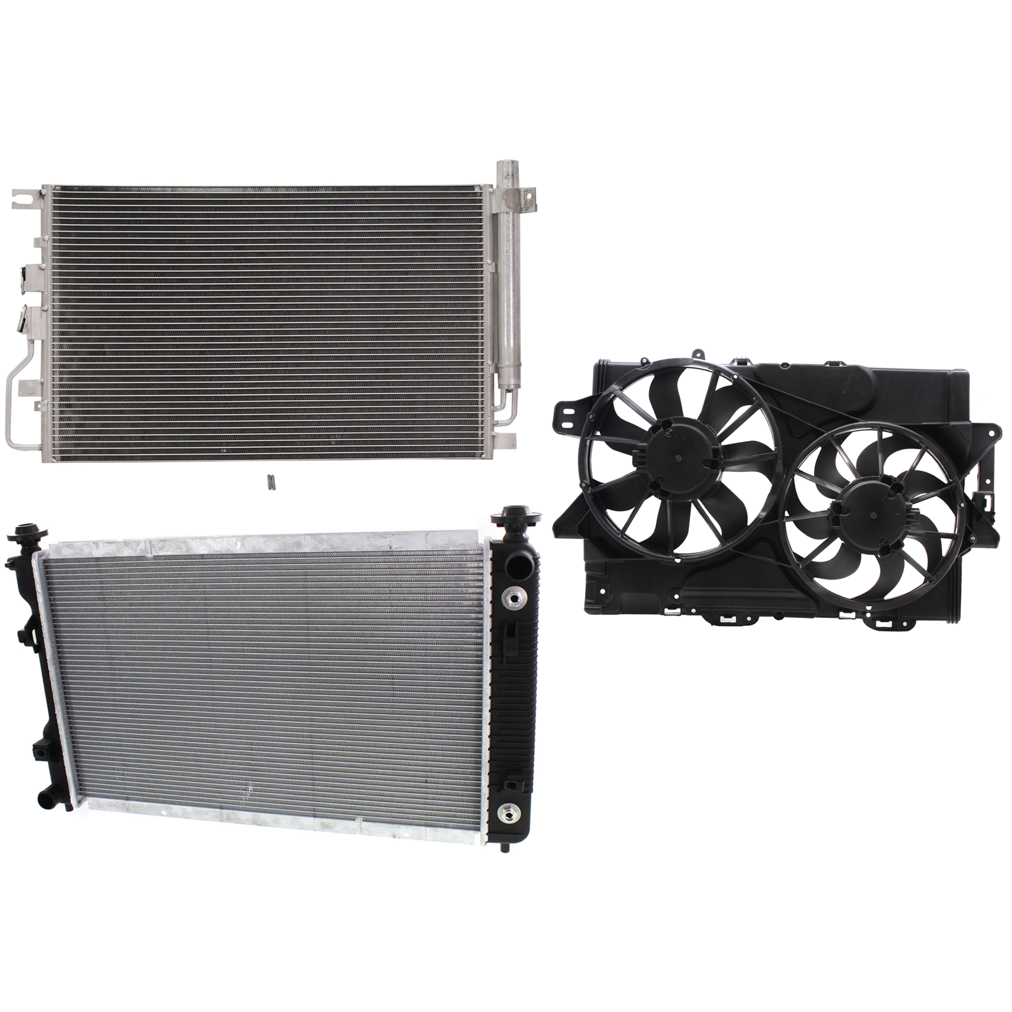 AM EQUINOX TERRAIN 13-17 A C CONDENSER RADIATOR COOLING FAN KIT 3 pc kit 3.6L Eng. 6 Cyl. SKU KIT 083124-41 Partslink GM3030284 SZ3030123 GM3030303 GM3115282 GM3010533 OEM 20839794-23400197-9531078J02-1