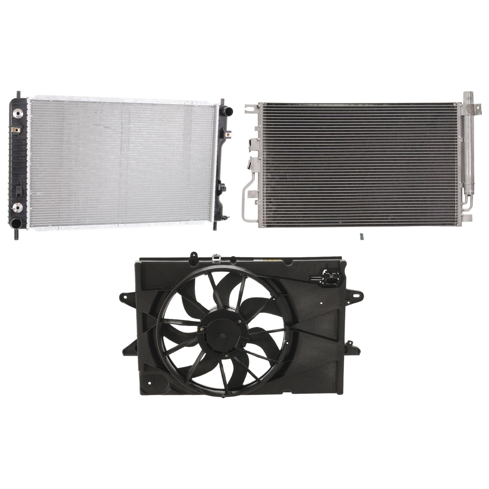 AM EQUINOX TERRAIN 10-17 A C CONDENSER RADIATOR COOLING FAN KIT 3 pc kit 2.4L Eng. 4 Cyl. SKU KIT 083124-42 Partslink GM3030284 SZ3030123 GM3030303 GM3115239 GM3010532 OEM 20839794-23400197-9531078J02-1