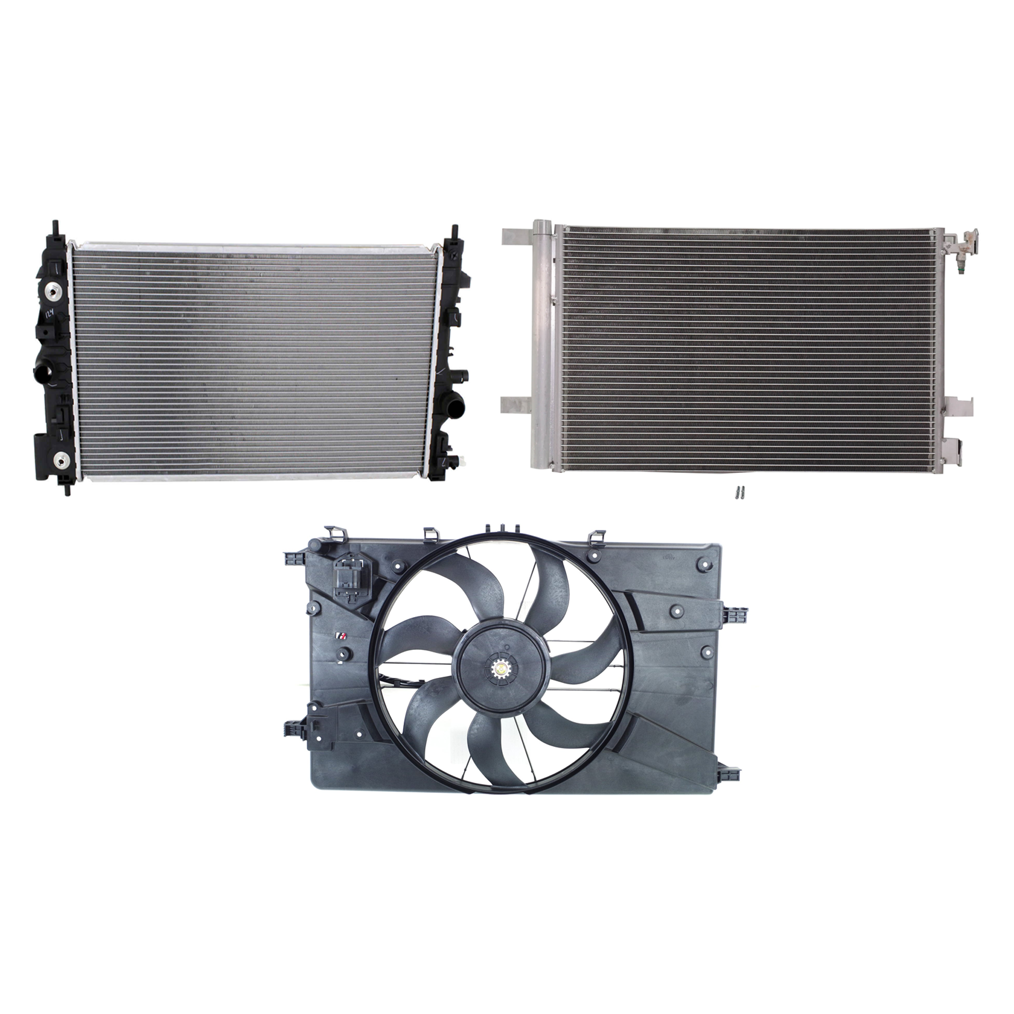 AM CRUZE 14-14 A C CONDENSER RADIATOR COOLING FAN KIT 3 pc kit 1.4L Eng. 4 Cyl. SKU KIT 083124-45 Partslink GM3030285 GM3115263 GM3010541 OEM 23305638-13450232 PFM 13427160