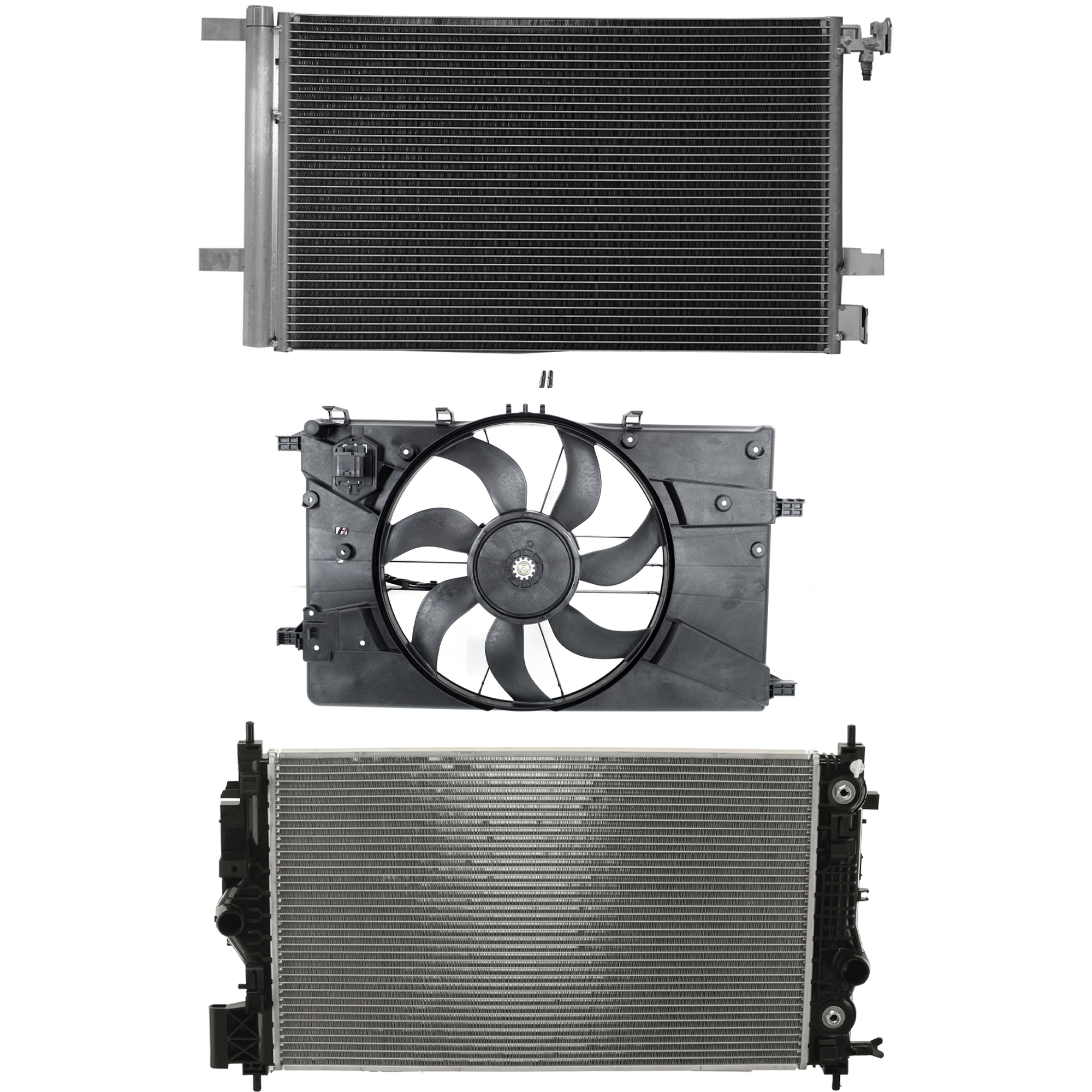 AM CRUZE 14-15 CRUZE LIMITED 16-16 A C CONDENSER RADIATOR COOLING FAN KIT 3 pc kit 1.4L Eng. 4 Cyl. SKU KIT 083124-46 Partslink GM3030285 GM3115263 GM3010574 OEM 23305638-13450232 PFM 13427160