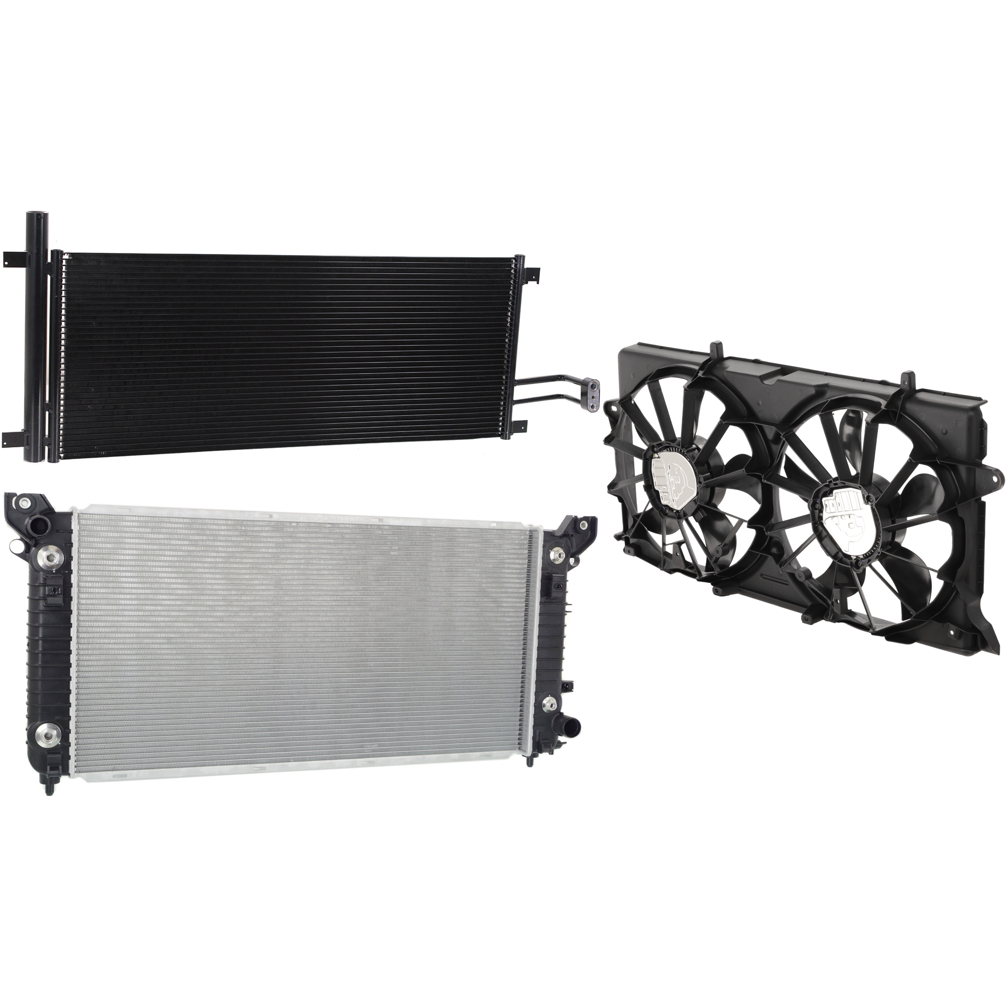 AM SILVERADO SIERRA 1500-14-18 A C CONDENSER RADIATOR COOLING FAN KIT 3 pc kit 4.3L Eng. 6 Cyl. SKU KIT 083124-47 Partslink GM3030305 GM3115291 GM3010563 OEM 23123635 PFM 23123633-23123634