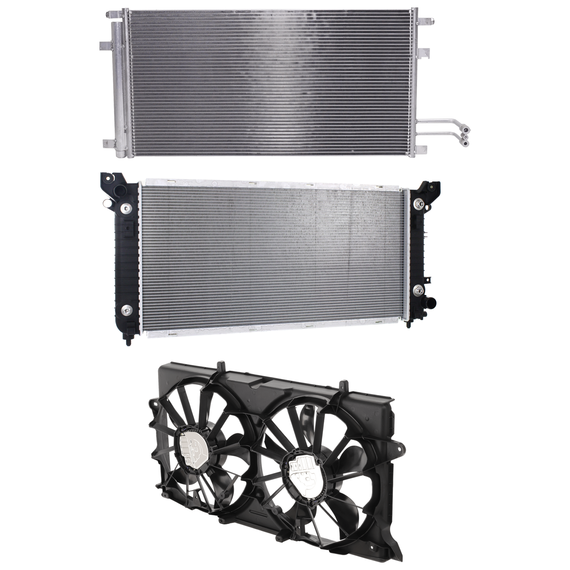 AM SUBURBAN TAHOE 15-17 A C CONDENSER RADIATOR COOLING FAN KIT 3 pc kit 5.3L 6.2L Eng. 8 Cyl. SKU KIT 083124-51 Partslink GM3030306 GM3115291 GM3010565 OEM 23123635 PFM 23123633-23123634