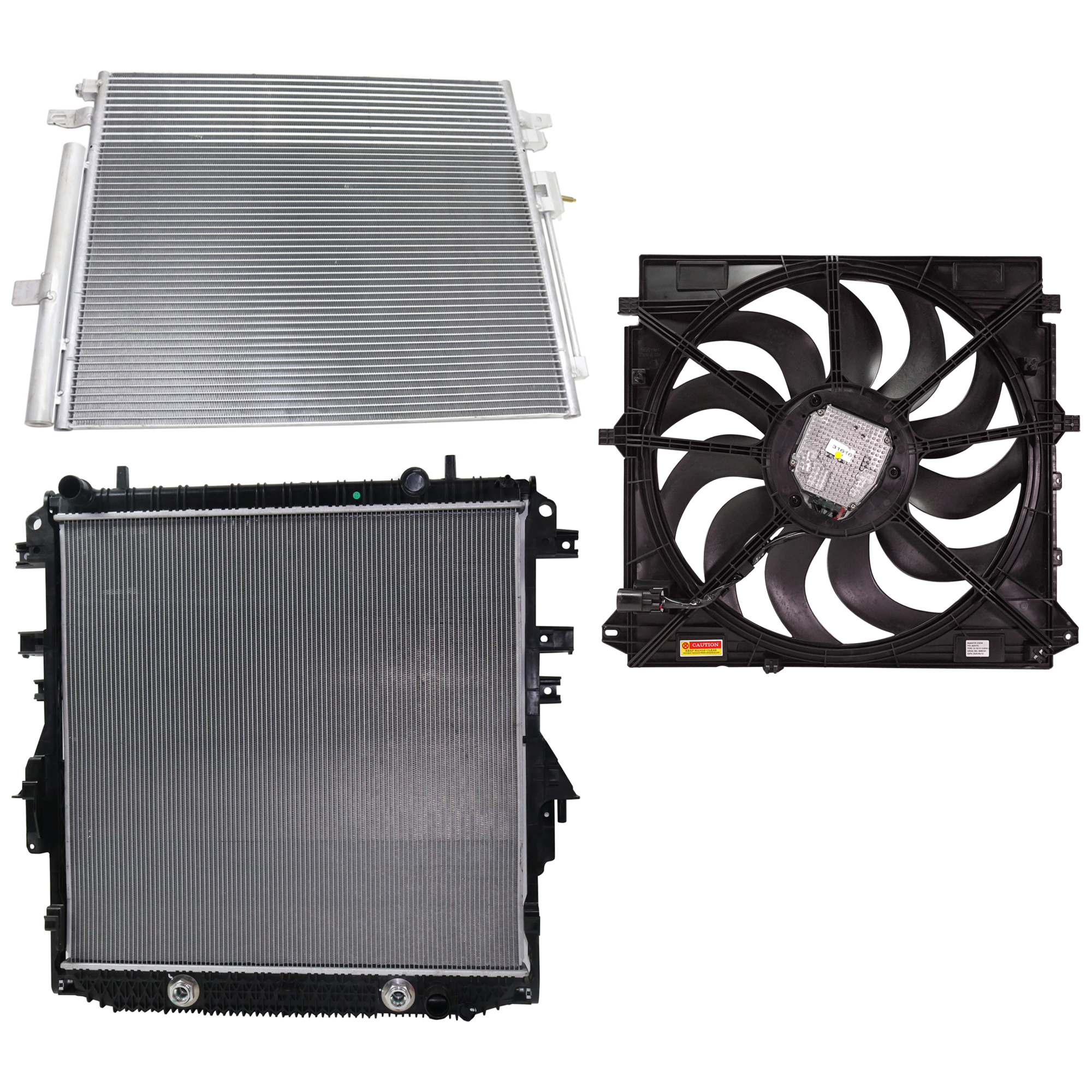AM COLORADO 15-15 CANYON 15-16 A C CONDENSER RADIATOR COOLING FAN KIT 3 pc kit 3.6L Eng. 6 Cyl. SKU KIT 083124-53 Partslink GM3030308 GM3115304 GM3010573 OEM 84808701-22934949-22980297 PFM