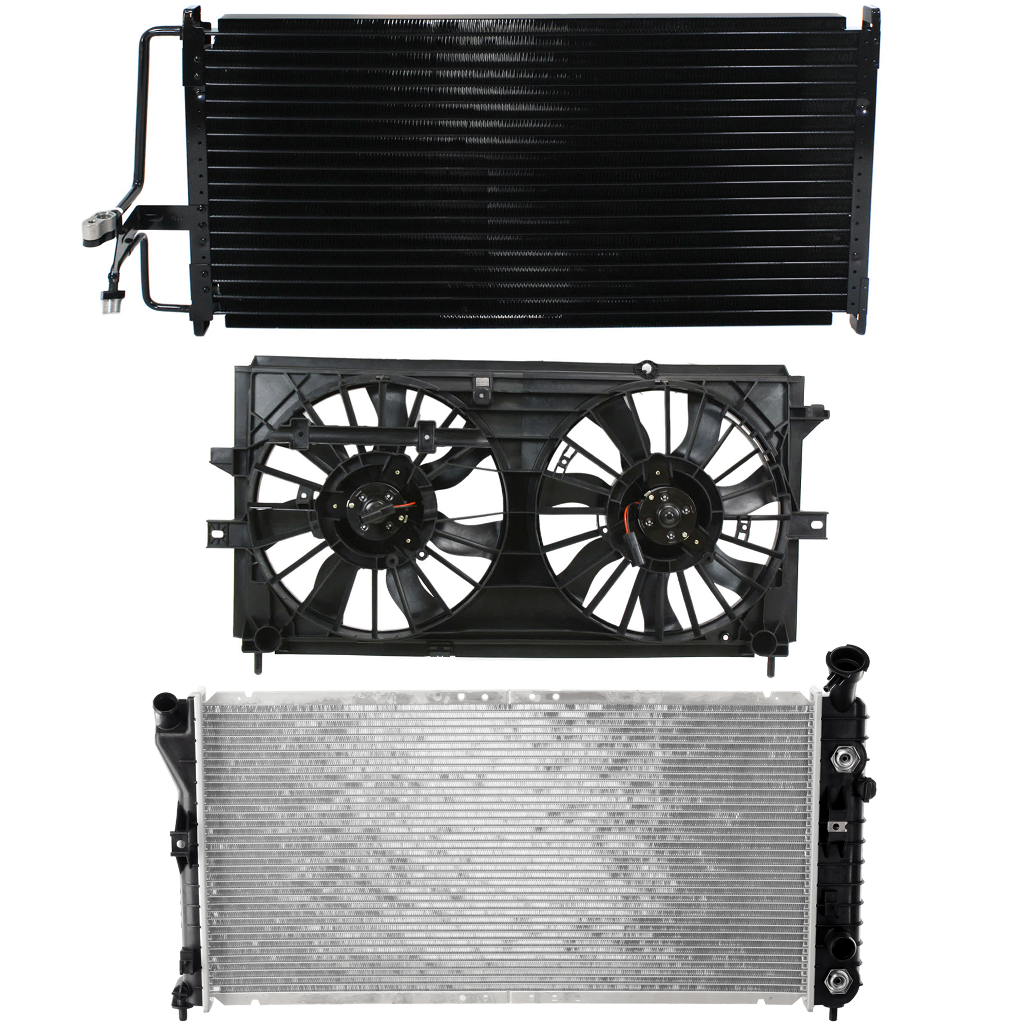 AM IMPALA MONTE CARLO 00-03 A C CONDENSER RADIATOR COOLING FAN KIT 3 pc kit 3.4L 3.8L Eng. 6 Cyl. SKU KIT 083124-63 Partslink GM3030101 GM3117104 GM3117108 GM3010428 OEM 524-111-111-913-041-000-000-000-000