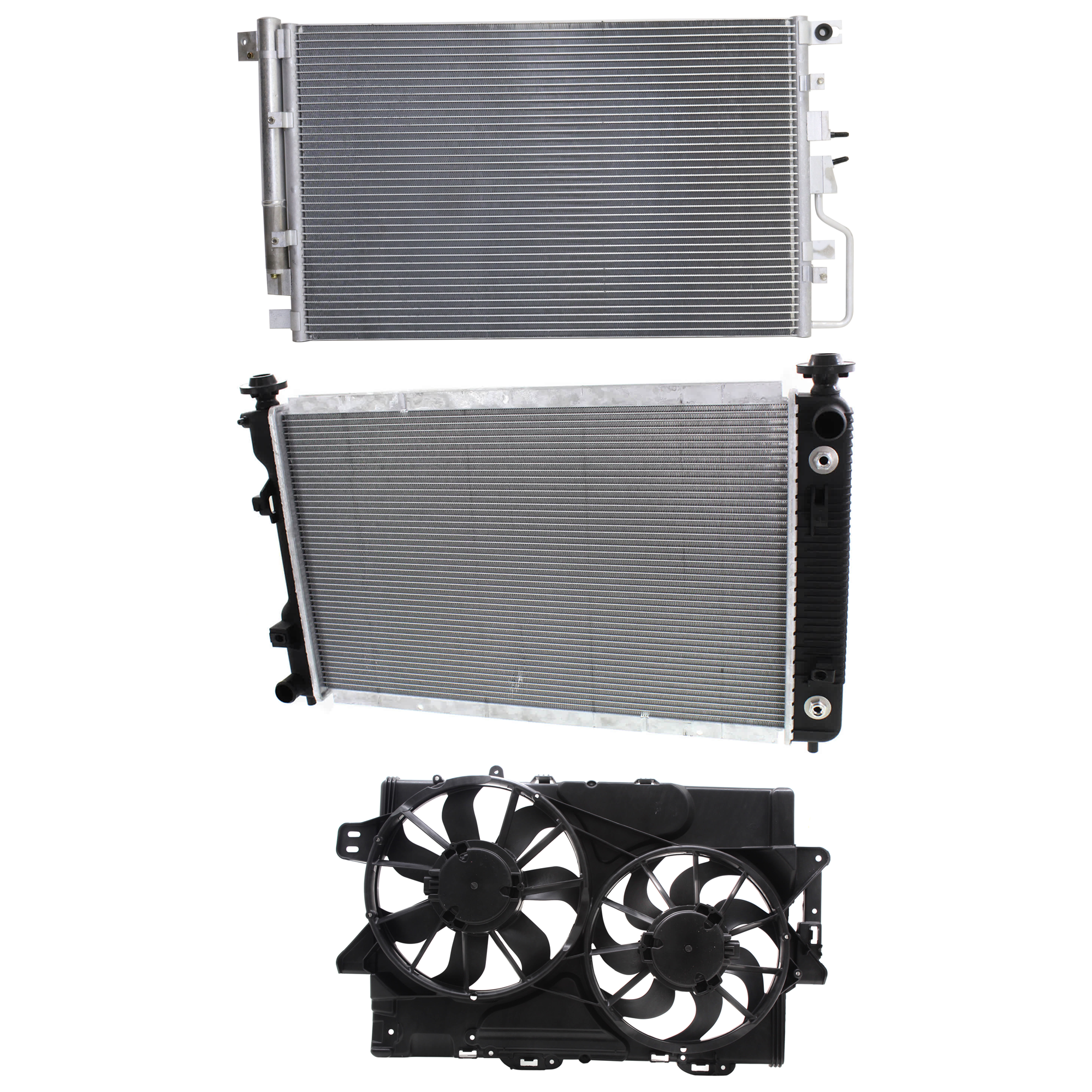 AM EQUINOX TERRAIN 16-17 A C CONDENSER RADIATOR COOLING FAN KIT 3 pc kit 3.6L Eng. 6 Cyl. SKU KIT 083124-72 Partslink GM3030316 GM3115282 GM3010533 OEM 23400197-25952783 PFM 22780242