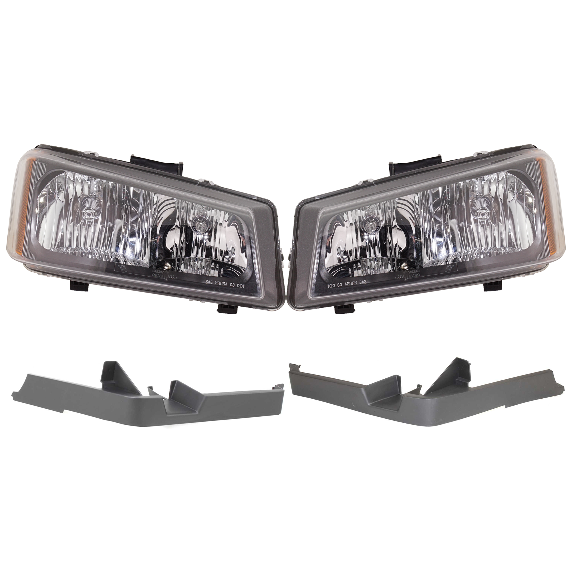 AM AVALANCHE 1500-2500-03-06 SILVERADO 03-07 HEAD LAMP RH AND LH Assembly Halogen Smooth reflector 4 pc Kit with Bumper Trim SKU KIT 090123-03 Partslink GM2502224 GM2503224 GM1089169 GM1088169 OEM 10396912 PFM 10396913 PFM 1510