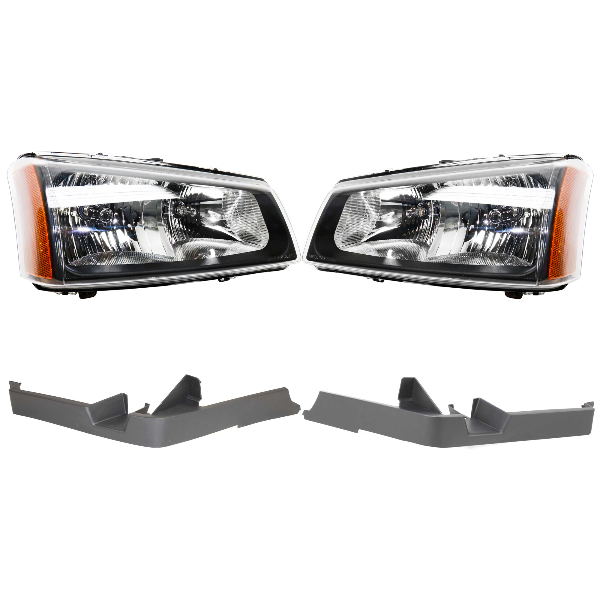 AM AVALANCHE 1500-2500-03-06 SILVERADO 03-07 HEAD LAMP RH AND LH Assembly Halogen Fluted reflector 4 pc Kit with Bumper Trim SKU KIT 090123-04 Partslink GM2502257 GM2503257 GM1089169 GM1088169 OEM 10396912-10396913-15102065-151