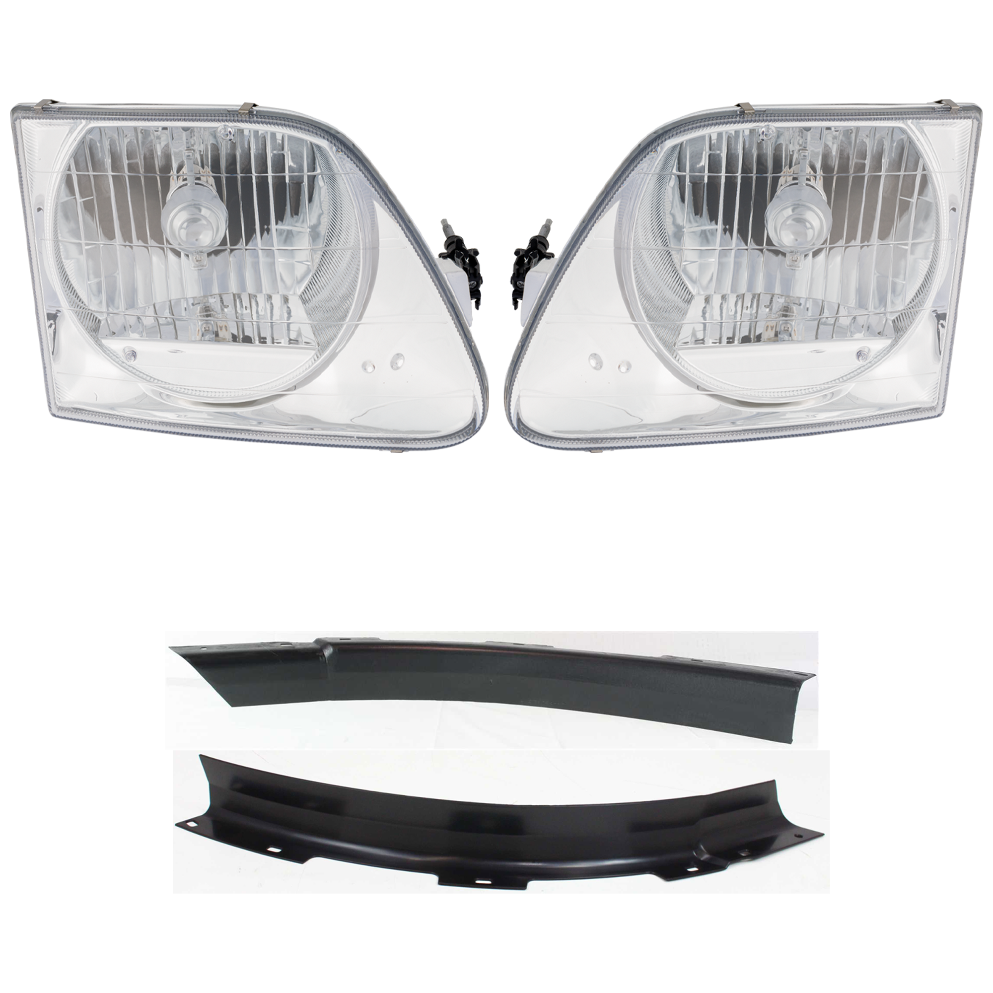 AM F 150-97-03 F 150 HERITAGE 04-04 HEAD LAMP RH AND LH Assembly Halogen Crystal Clear Lens Lightning Model 4 pc Kit with Bumper Trim SKU KIT 090123-07 Partslink FO2502182 FO2503182 FO1089117 FO1088117 OEM 3L3Z13008EA 3L3Z13008FA XL3Z17