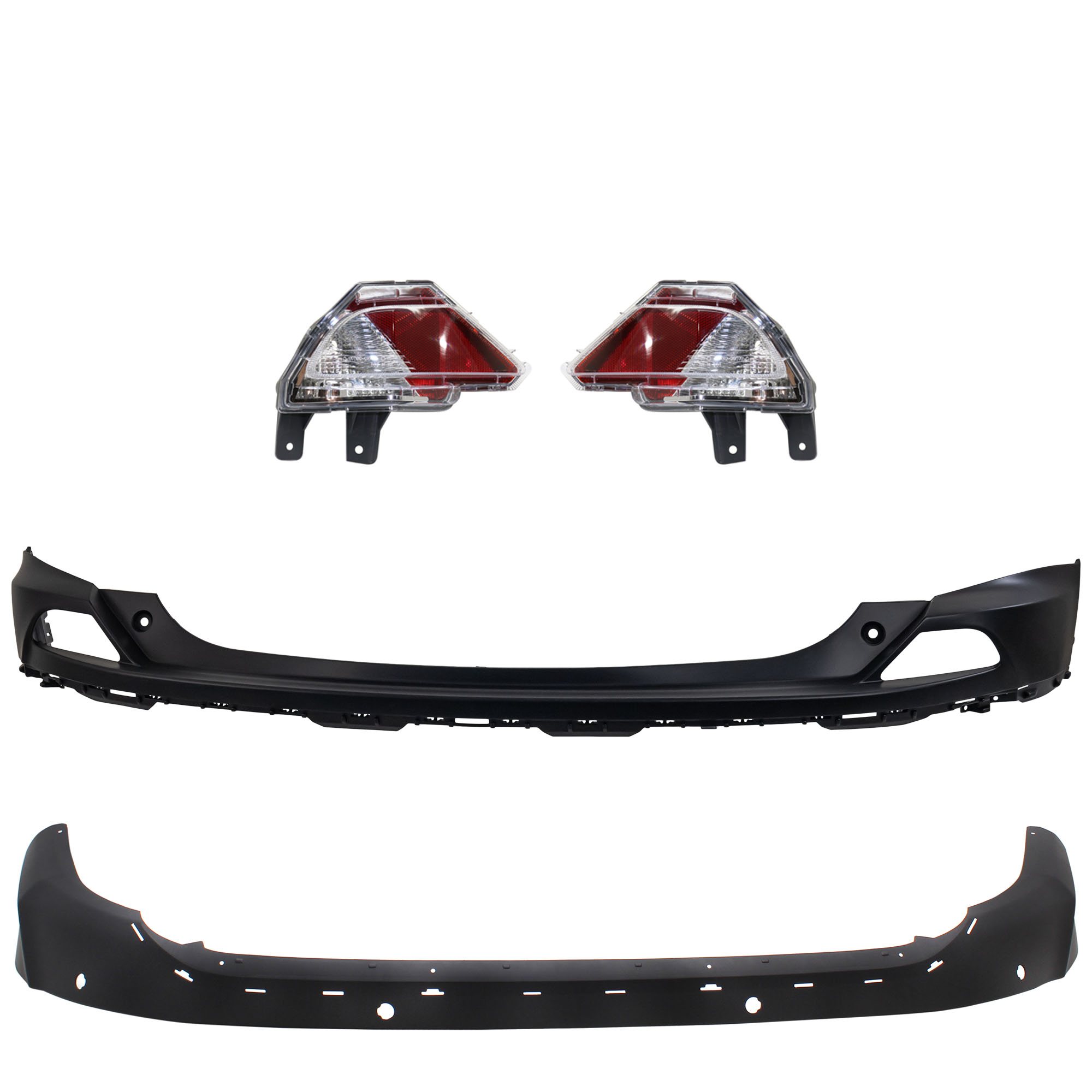 AM RAV4-16-18 REAR BUMPER COVER Upper and Lower Upper Primed Lower Textured 4 pc kit w Back Up Lights CAPA SKU KIT 090123-104 Partslink TO1114102C TO1115107C TO2886105C TO2887105C OEM 521590R914-521690R020-81456420