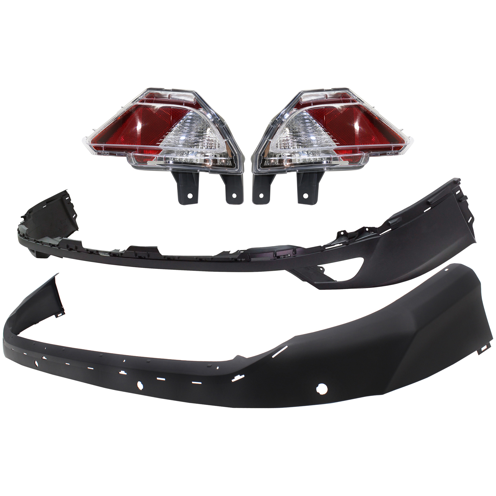 AM RAV4-16-18 REAR BUMPER COVER Upper and Lower Upper Primed Lower Textured 4 pc kit w Back Up Lights CAPA SKU KIT 090123-105 Partslink TO1114103C TO1115107C TO2886105C TO2887105C OEM 5215942930-521690R020-81456420