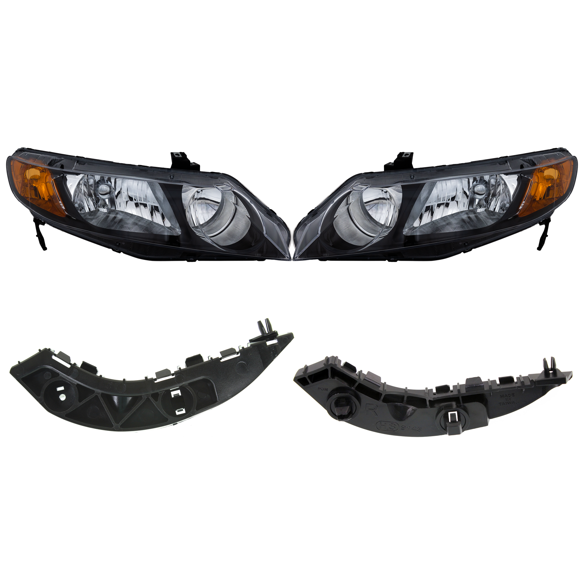 AM CIVIC 06-08 HEAD LAMP RH AND LH Lens and Housing Halogen Exc. Hybrid Model Sedan 4 pc Kit with Bumper Bracket SKU KIT 090123-11 Partslink HO2502125 HO2503125 HO1043114 HO1042114 OEM 33101SNAA02-33151SNAA02-71193S