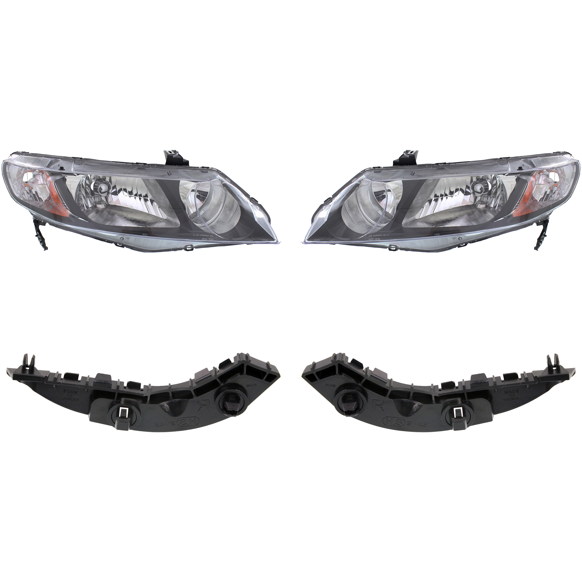 AM CIVIC 09-11 HEAD LAMP RH AND LH Lens and Housing Halogen Sedan 4 pc Kit with Bumper Bracket SKU KIT 090123-12 Partslink HO2502127 HO2503127 HO1043114 HO1042114 OEM 33101SNCA01-33151SNCA01-71193S