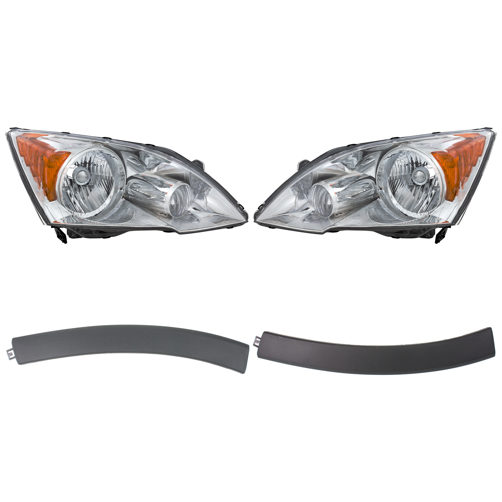 AM CR V 07-11 HEAD LAMP RH AND LH Lens and Housing Halogen 4 pc Kit with Bumper Trim SKU KIT 090123-14 Partslink HO2502129 HO2503129 HO1089114 HO1088114 OEM 33101SWAA01-33151SWAA01-71103S