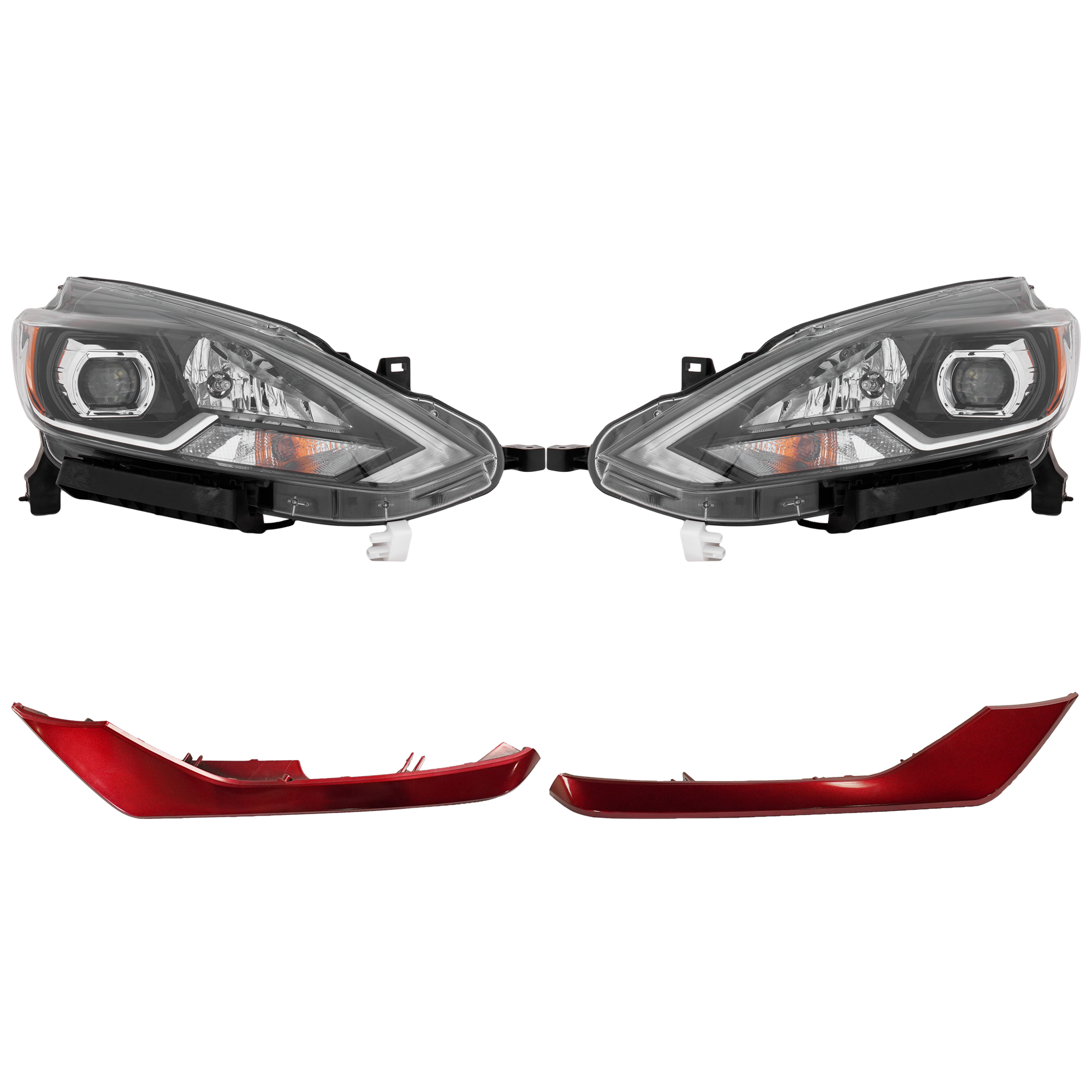 AM SENTRA 18-19 HEAD LAMP RH AND LH Assembly LED 4 pc Kit with Bumper Trim SKU KIT 090123-19 Partslink NI2502263 NI2503263 NI1047104 NI1046104 OEM 260105UD5A 260605UD5A 620744FU
