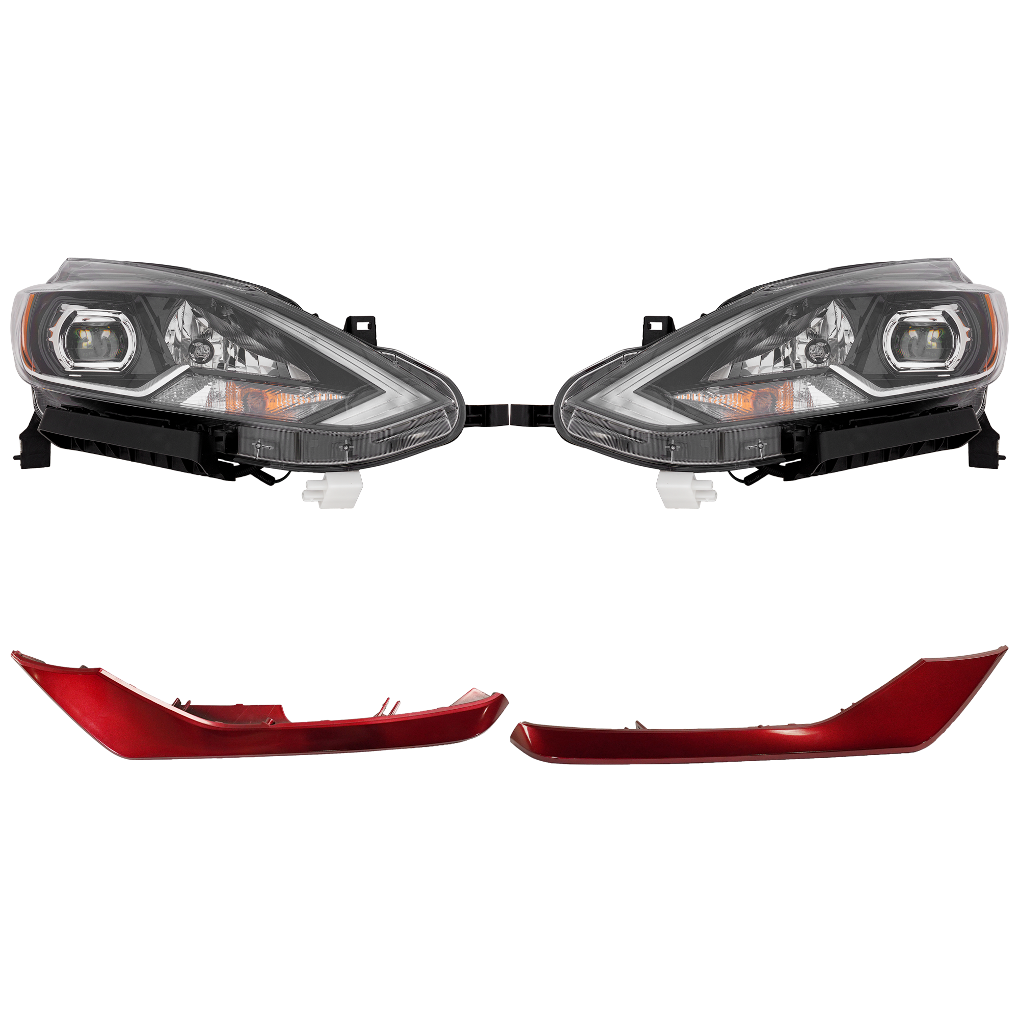AM SENTRA 17-17 HEAD LAMP RH AND LH Assembly LED 4 pc Kit with Bumper Trim SKU KIT 090123-20 Partslink NI2502246 NI2503246 NI1047104 NI1046104 OEM 260103YU5A 260603YU5A 620744FU