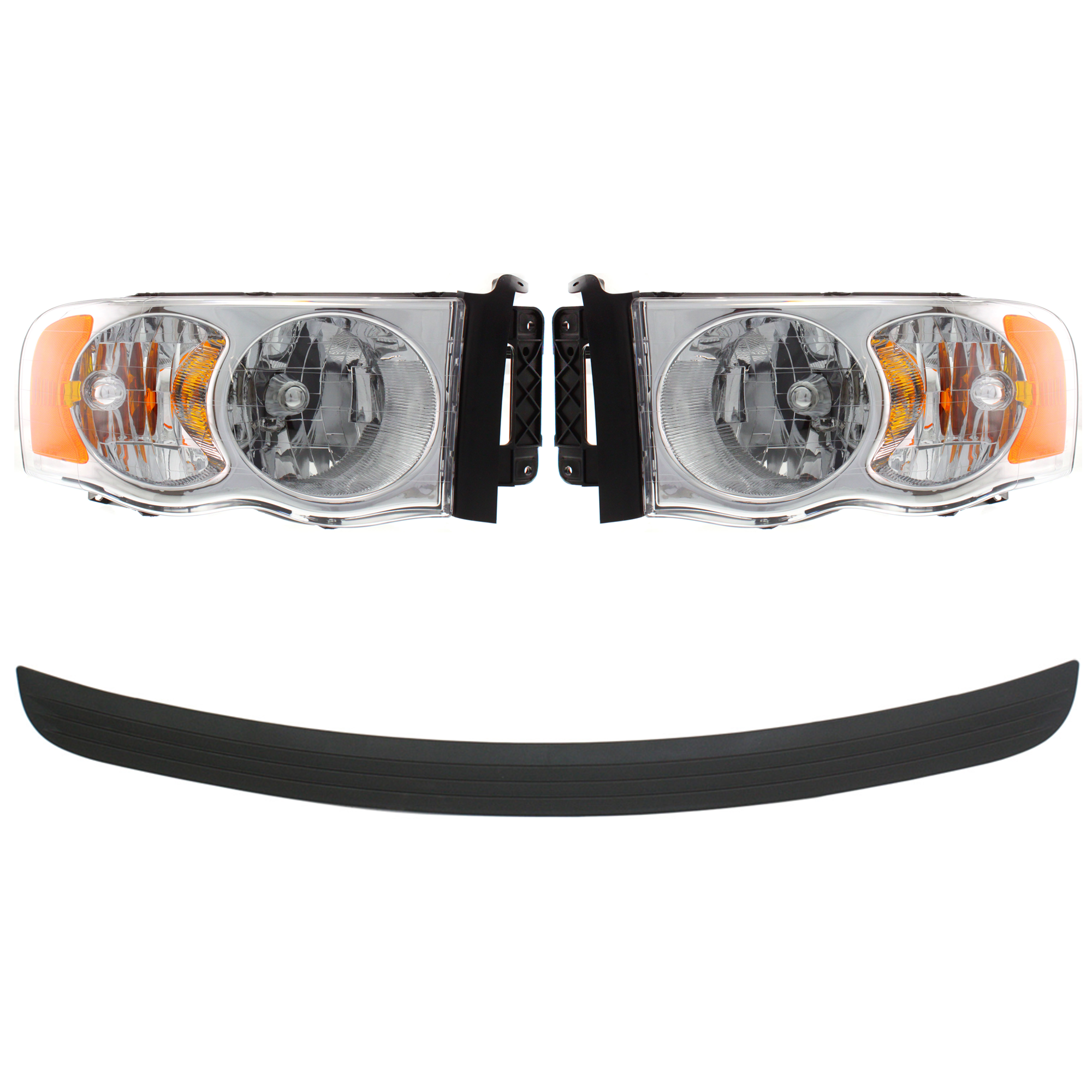 AM RAM 1500-02-05 RAM 2500-3500-03-05 HEAD LAMP RH AND LH Assembly Halogen With bulb and wiring harness for side marker light 4 pc Kit with Bumper Trim SKU KIT 090123-22 Partslink CH1019102 OEM 55077120AF PFM 55077120AG PFM