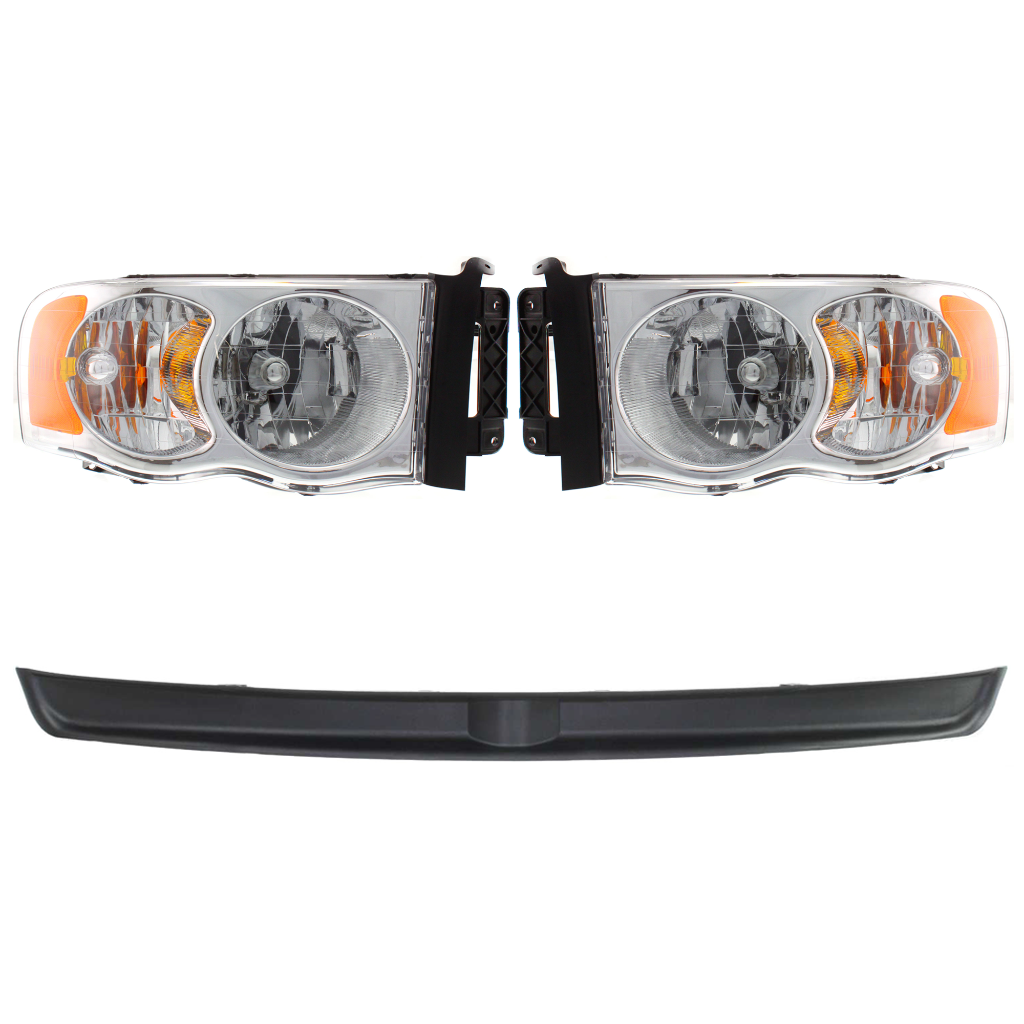 AM RAM 1500-02-05 RAM 2500-3500-03-05 HEAD LAMP RH AND LH Assembly Halogen With bulb and wiring harness for side marker light 4 pc Kit with Bumper Trim SKU KIT 090123-24 Partslink CH1091101 OEM 55077120AF PFM 55077120AG PFM