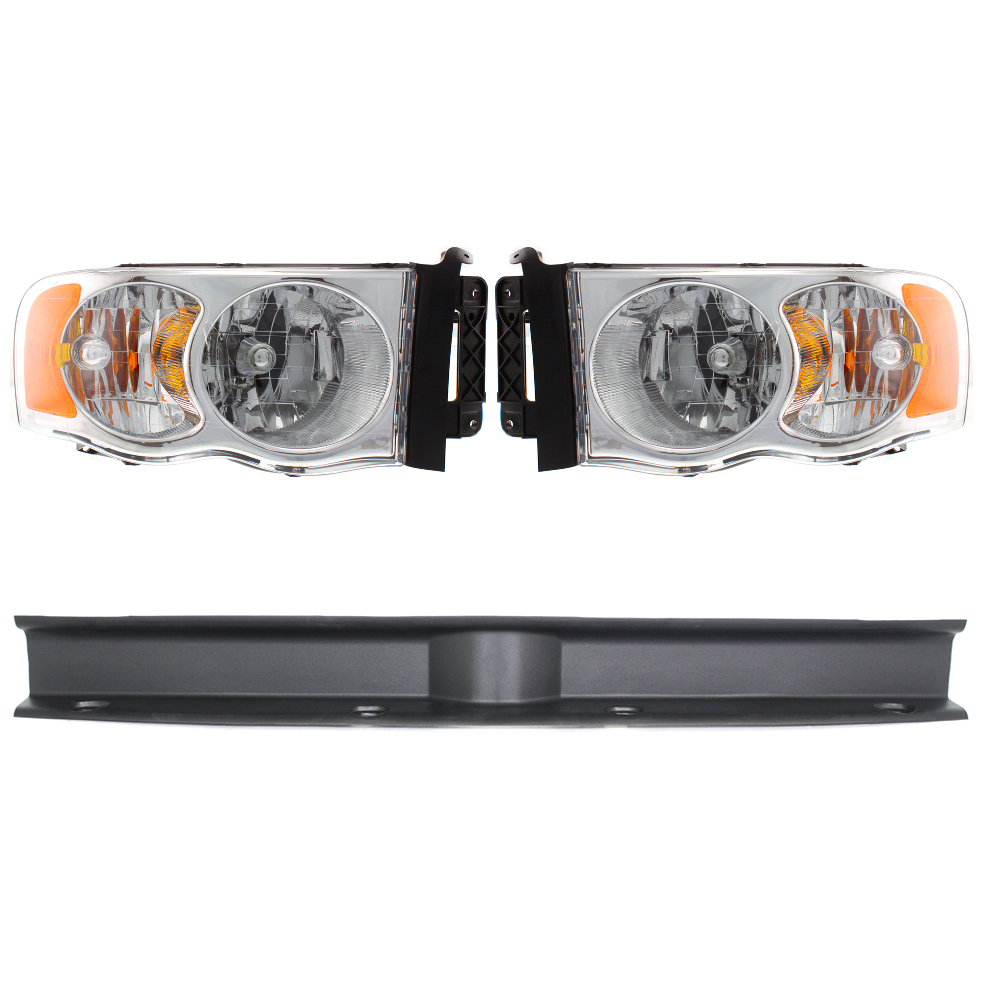 AM RAM 1500-02-05 RAM 2500-3500-03-05 HEAD LAMP RH AND LH Assembly Halogen With bulb and wiring harness for side marker light 3 pc Kit with Bumper Trim SKU KIT 090123-26 Partslink CH1087122 CH1028101 OEM 55077120AF PFM 55077120AG PFM