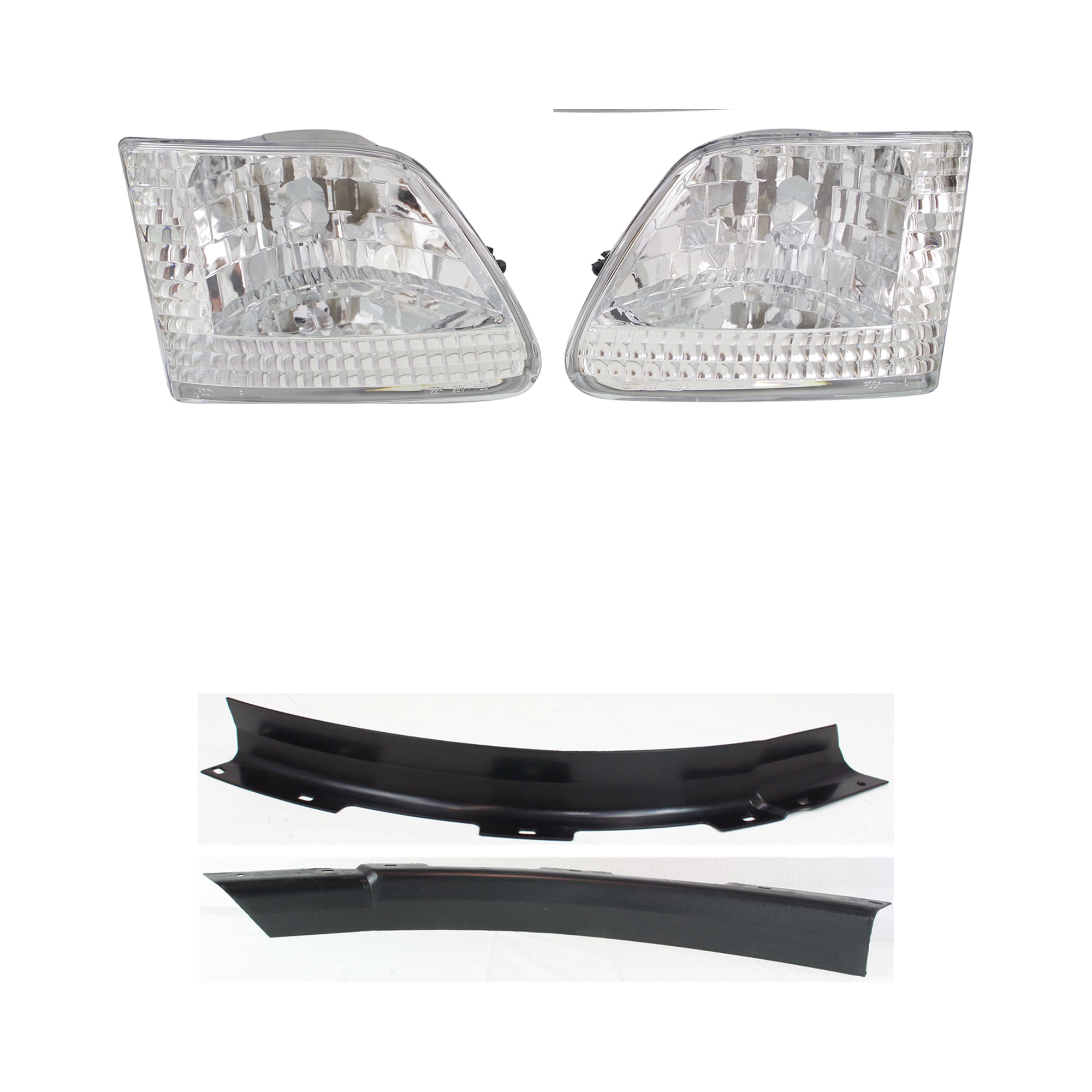 AM EXPEDITION 97-02 F 150-97-03 HEAD LAMP RH AND LH Lens and Housing Halogen Clear Lens Chrome Interior 4 pc Kit with Bumper Trim SKU KIT 090123-27 Partslink FO1089117 FO1088117 OEM 3L3Z13008DA PFM 3L3Z13008CA PF