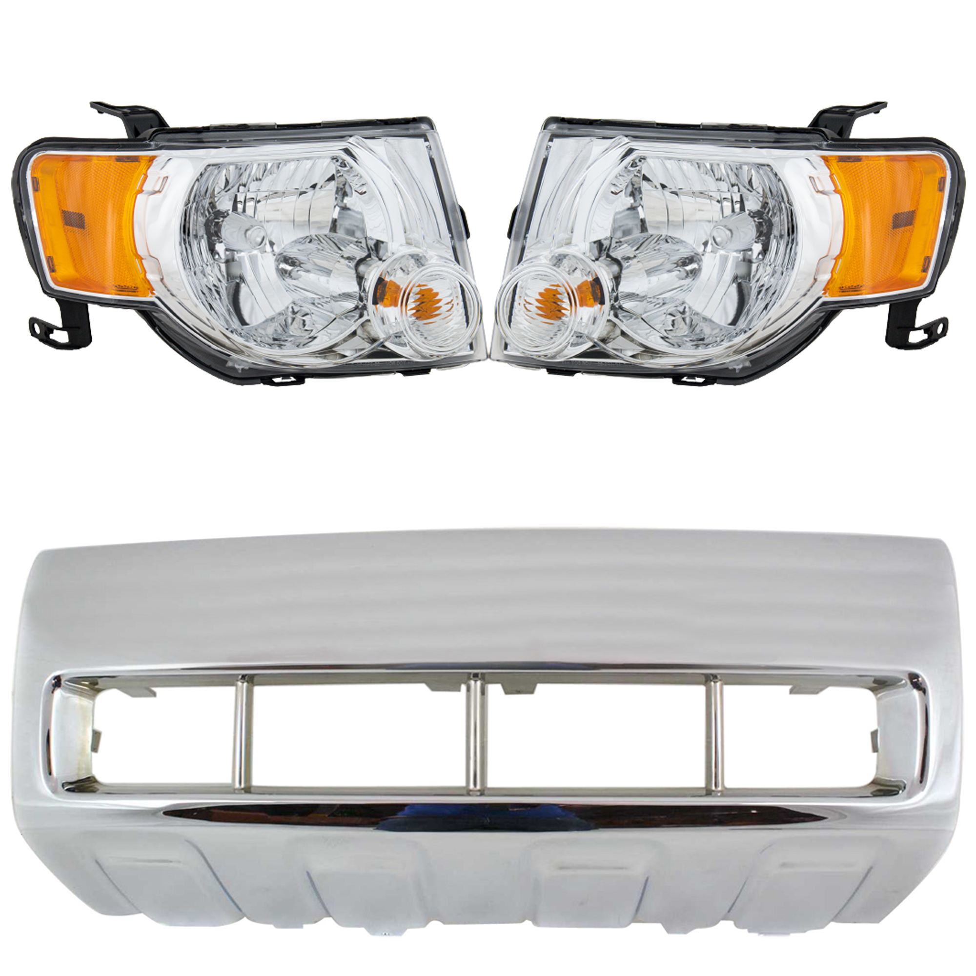 AM ESCAPE 08-12 FRONT BUMPER MOLDING RH AND LH 4 pc kit Chrome with Headlight SKU KIT 090123-28 Partslink FO1068123 FO2503229 FO2502229 OEM 8L8Z8419BA 8L8Z13008A 8L8Z1300