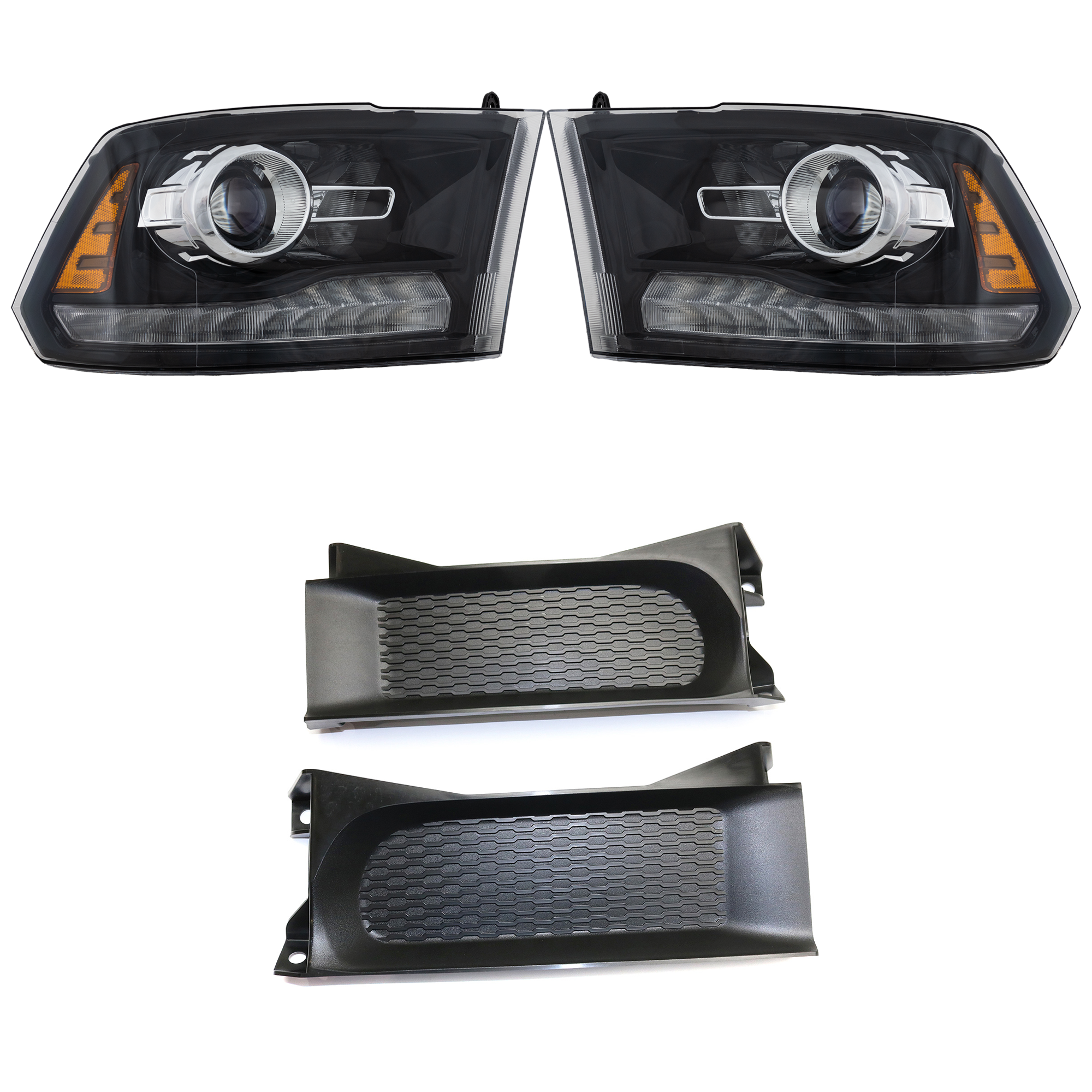 AM RAM 1500 FULL SIZE P U 13-14 HEAD LAMP RH AND LH Assembly Halogen Projector Type Black Interior 4 pc Kit with Bumper Trim SKU KIT 090123-33 Partslink CH2502245 CH2503245 CH1037112 OEM 68093220AB 68093221AB 68196984
