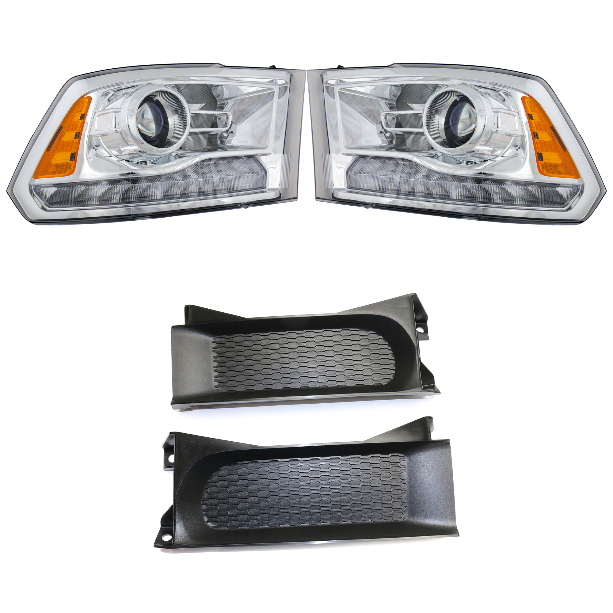 AM RAM 1500-13-15 HEAD LAMP RH AND LH 4 pc kit Assembly Halogen Projector Type Chrome Interior with Bumper Trim SKU KIT 090123-34 Partslink CH2502244 CH2503244 CH1037112 OEM 68093216AD 68093216AB 68093217