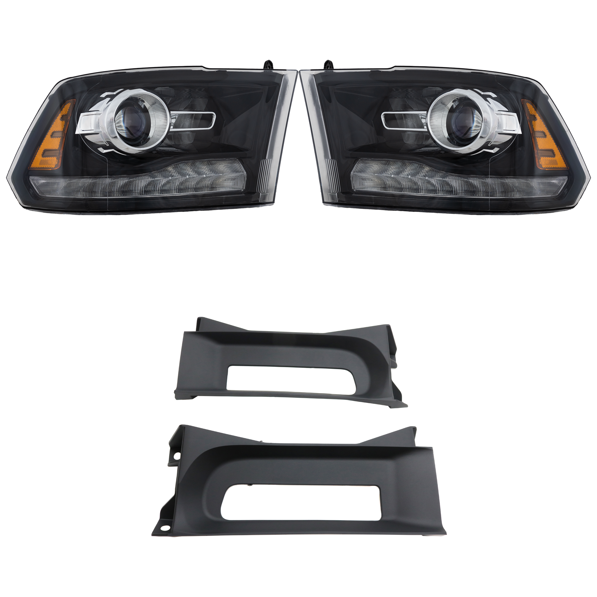 AM RAM 1500 FULL SIZE P U 13-14 HEAD LAMP RH AND LH Assembly Halogen Projector Type Black Interior 4 pc Kit with Bumper Trim SKU KIT 090123-35 Partslink CH2502245 CH2503245 CH1037113 OEM 68093220AB 68093221AB 68196982