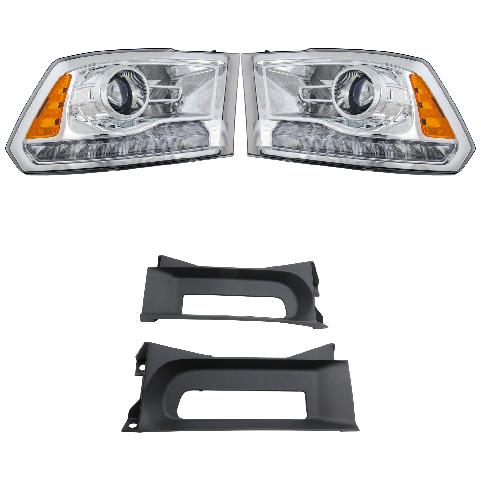 AM RAM 1500-13-15 HEAD LAMP RH AND LH 4 pc kit Assembly Halogen Projector Type Chrome Interior with Bumper Trim SKU KIT 090123-36 Partslink CH2502244 CH2503244 CH1037113 OEM 68093216AD 68093216AB 68093217