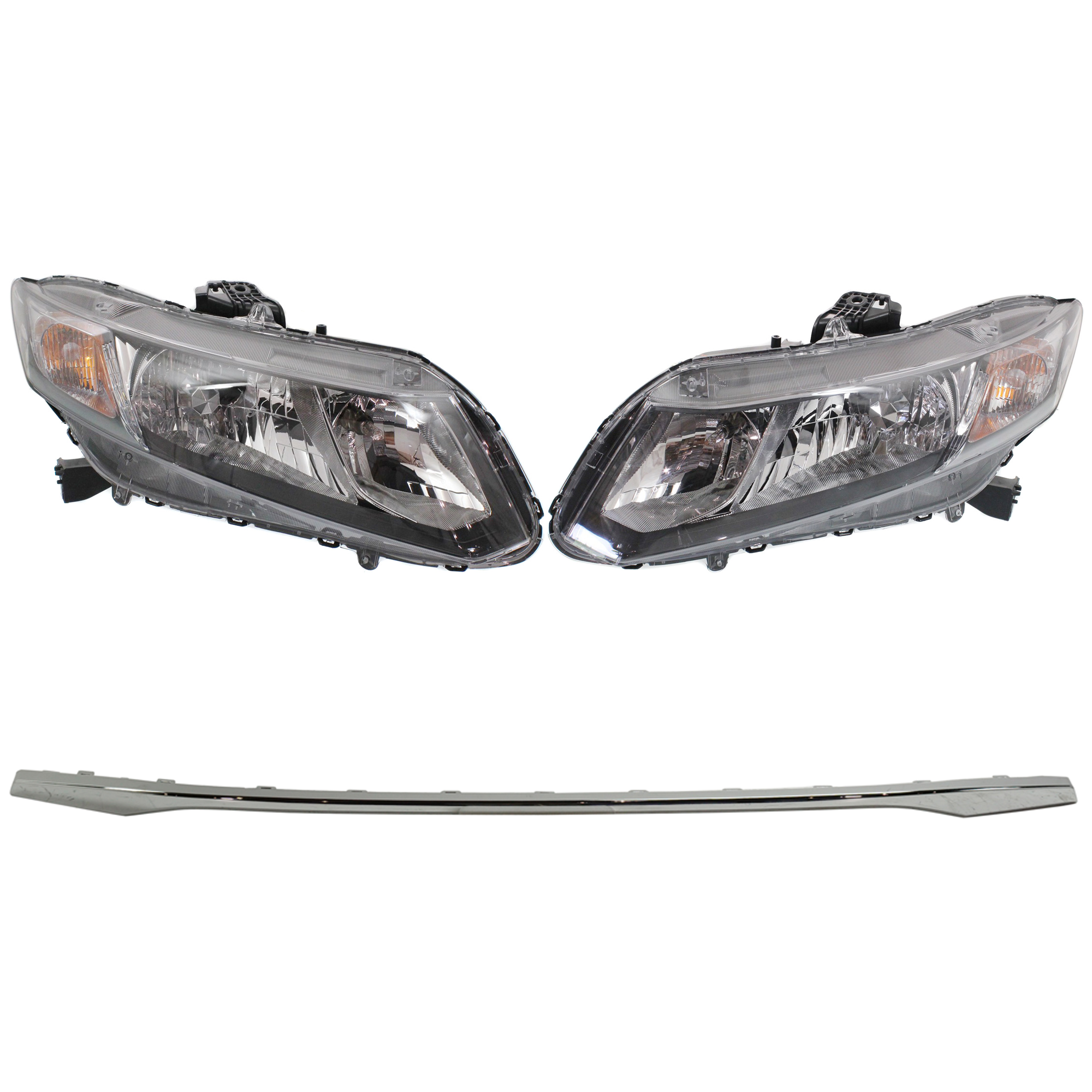 AM CIVIC 13-15 HEAD LAMP RH AND LH Assembly Halogen Coupe 13-13 Sedan 3 pc Kit with Bumper Trim SKU KIT 090123-40 Partslink HO2502150 HO2503150 HO1044102 OEM 33100TR0A51-33150TR0A51-71108T