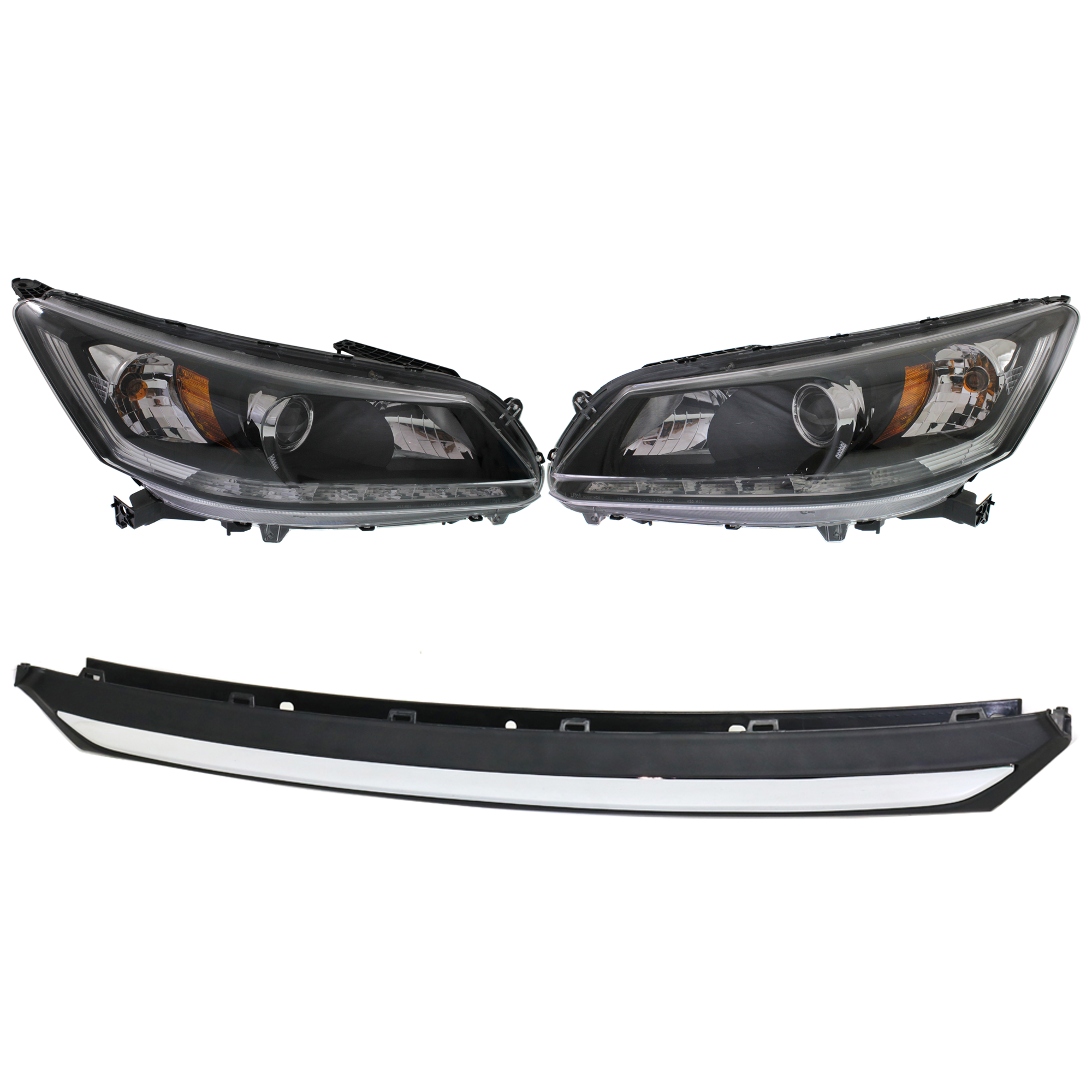 AM ACCORD 13-15 HEAD LAMP RH AND LH Assembly Halogen 6 Cyl 3.5L Engine w LED daytime running light EX L Touring Models Sedan 3 pc Kit with Bumper Trim SKU KIT 090123-42 Partslink HO2502156 HO2503156 HO1095119 OEM 33100T2AA21-33100T2AA11-33150T