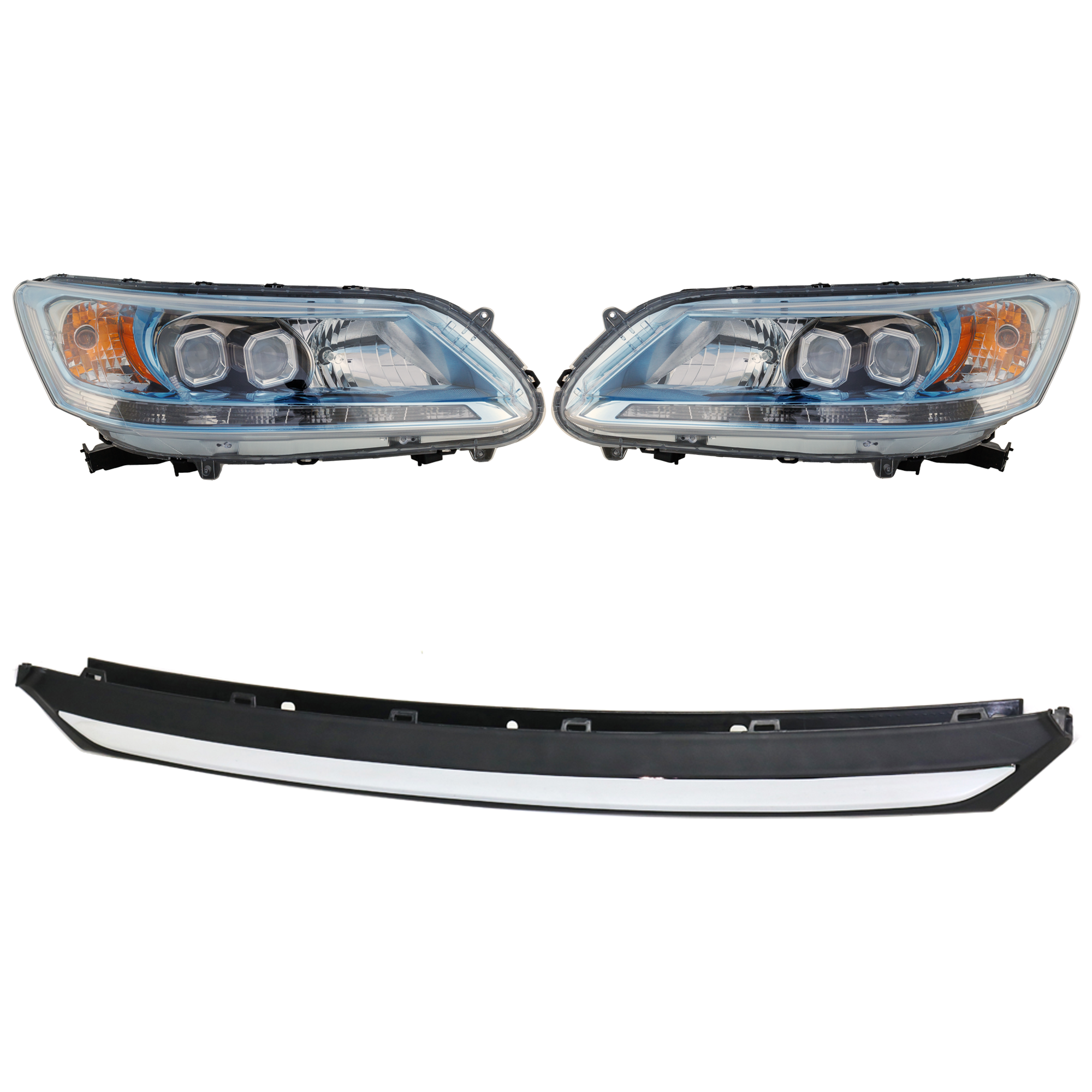 AM ACCORD 14-15 HEAD LAMP RH AND LH Assembly LED Hybrid Model 3 pc Kit with Bumper Trim SKU KIT 090123-44 Partslink HO2502164 HO2503164 HO1095119 OEM 33100T3VA51-33150T3VA51-71150T