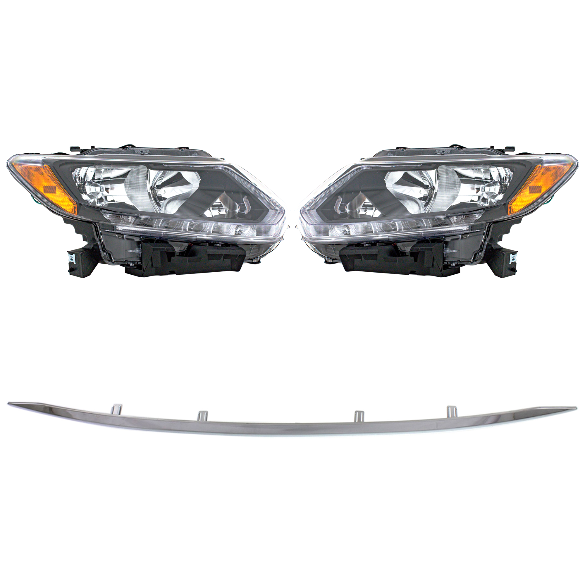AM ROGUE 14-16 HEAD LAMP RH AND LH Assembly Halogen 4 pc Kit with Bumper Trim SKU KIT 090123-52 Partslink NI2502226 NI2503226 NI1044109 OEM 260104BA2A 260604BA2A 620724BA