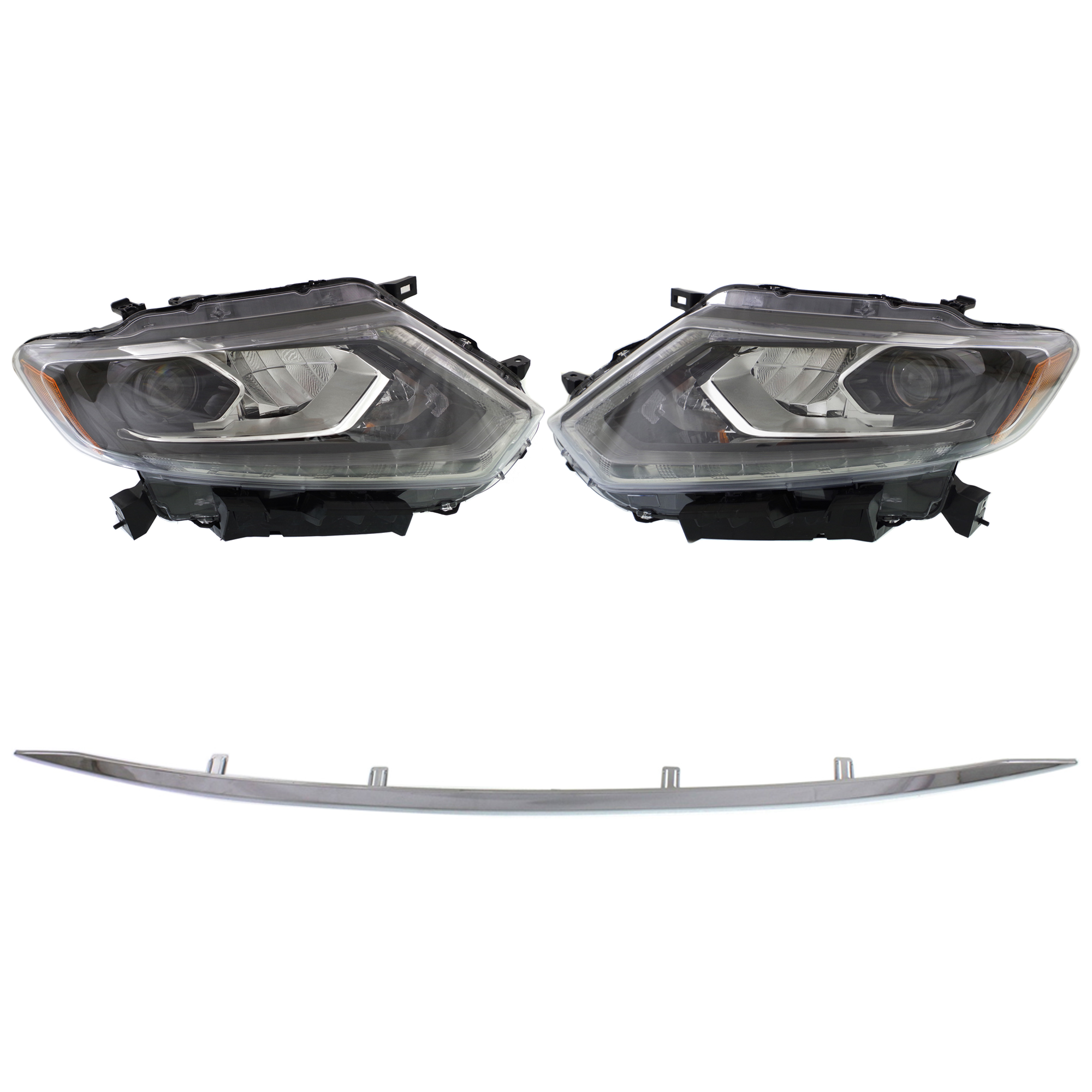 AM ROGUE 14-16 HEAD LAMP RH AND LH Assembly LED w o Auto Light Control 4 pc Kit with Bumper Trim SKU KIT 090123-53 Partslink NI2502228 NI2503228 NI1044109 OEM 260104BA5A 260604BA5A 620724BA