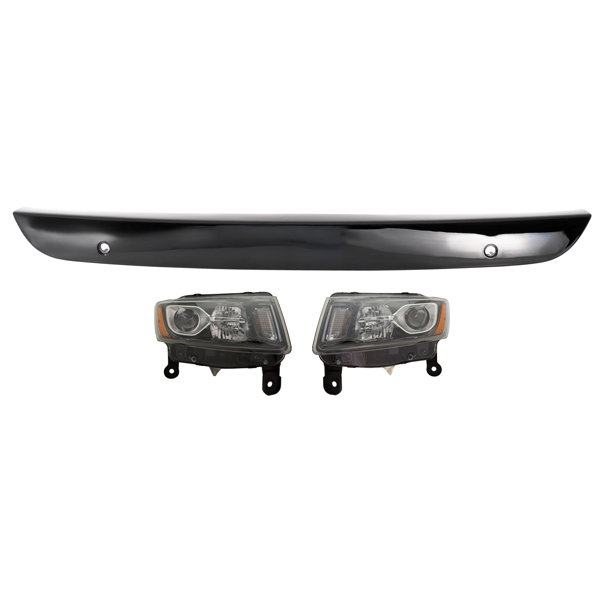 AM GRAND CHEROKEE 14-16 HEAD LAMP RH AND LH Assembly Halogen Black Trim Standard Type 3 pc Kit with Bumper Trim SKU KIT 090123-61 Partslink CH2502308 CH2503308 CH1044157 OEM 68236108AE 68236109AE 6JW97DX8