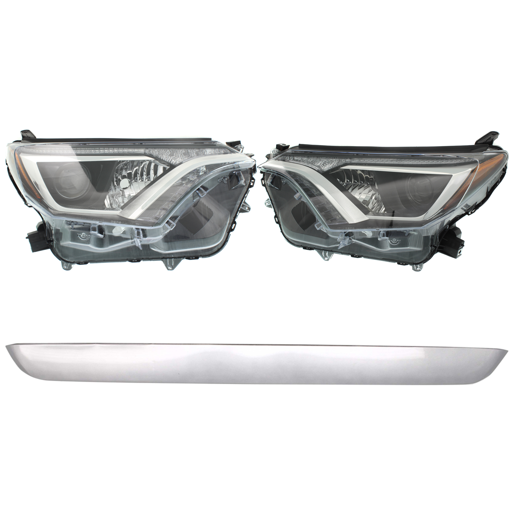 AM RAV4-16-16 HEAD LAMP RH AND LH Lens and Housing Halogen 4 pc Kit with Bumper Trim SKU KIT 090123-63 Partslink TO2518189 TO2519189 TO1044116 OEM 8113042640-8117042640-527110R0