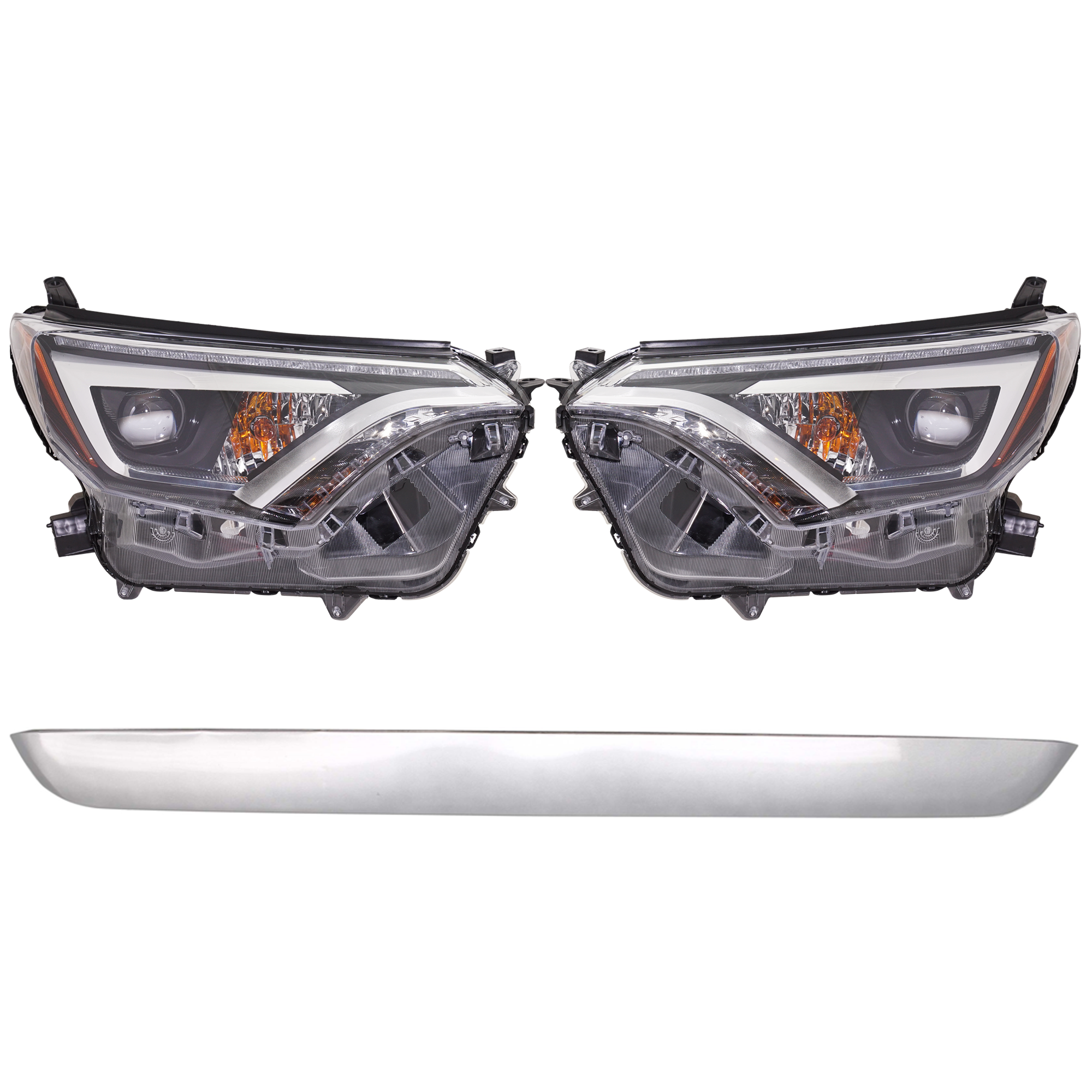 AM RAV4-16-16 HEAD LAMP RH AND LH Assembly LED 4 pc Kit with Bumper Trim SKU KIT 090123-65 Partslink TO1044116 OEM 8114542670 PFM 8118542670 PFM