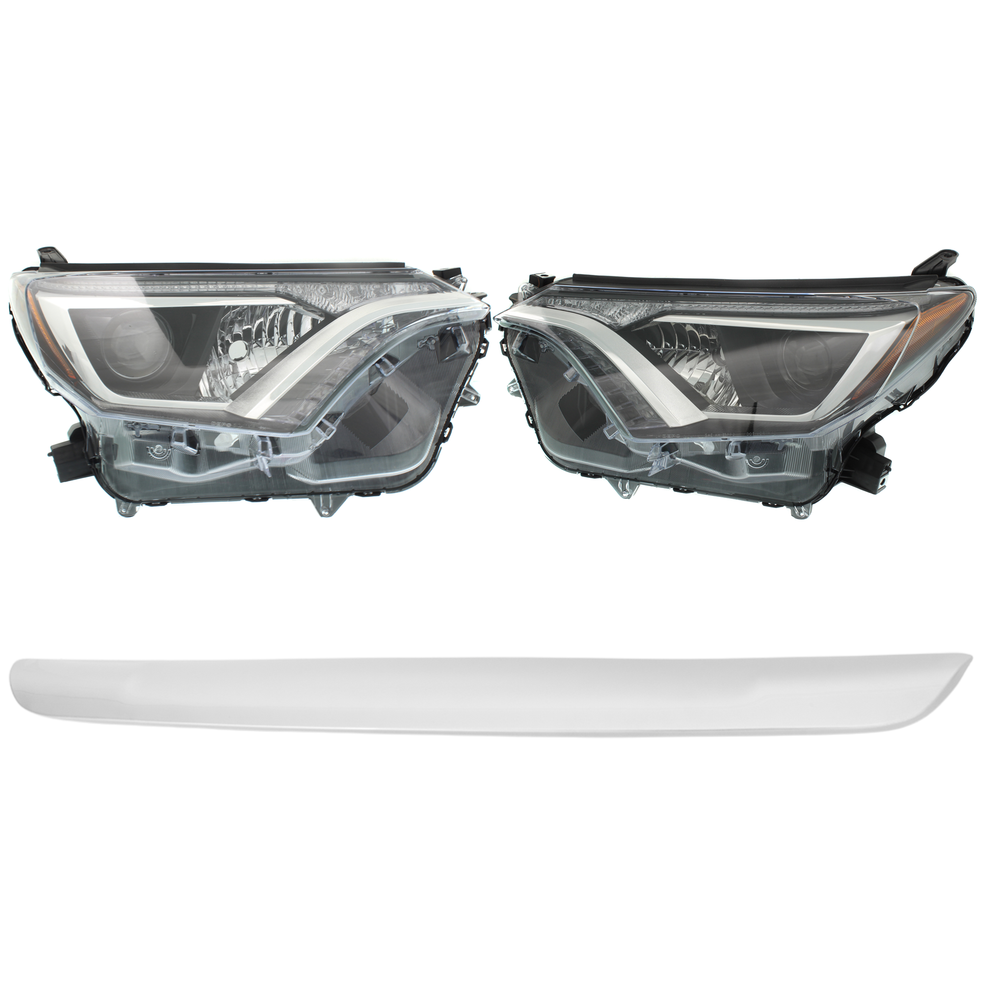 AM RAV4-17-18 HEAD LAMP RH AND LH Lens and Housing Halogen 4 pc Kit with Bumper Trim SKU KIT 090123-66 Partslink TO2518189 TO2519189 TO1044123 OEM 8113042640-8117042640-527110R0