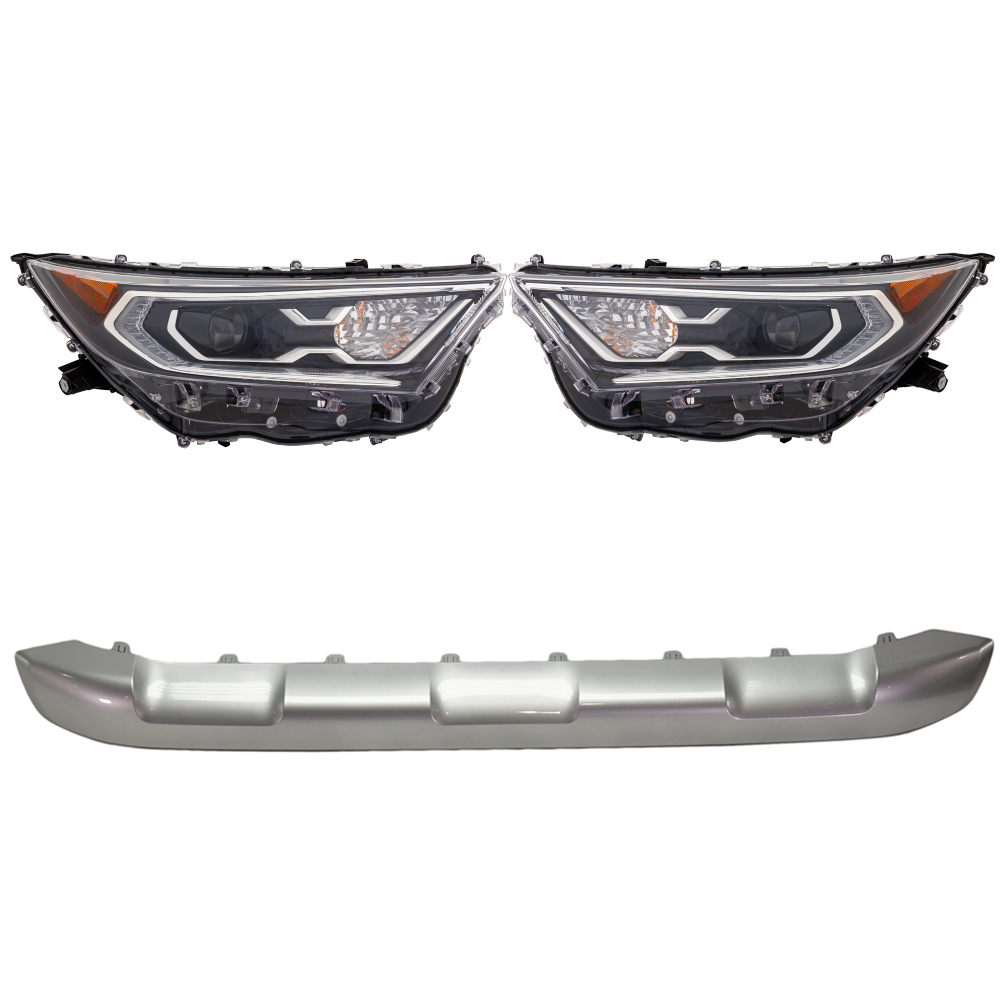 AM RAV4-19-21 HEAD LAMP RH AND LH Assembly LED 4 pc Kit with Bumper Trim SKU KIT 090123-69 Partslink TO2502292 TO2503292 TO1095212 OEM 811100R162-811500R162-527110R0
