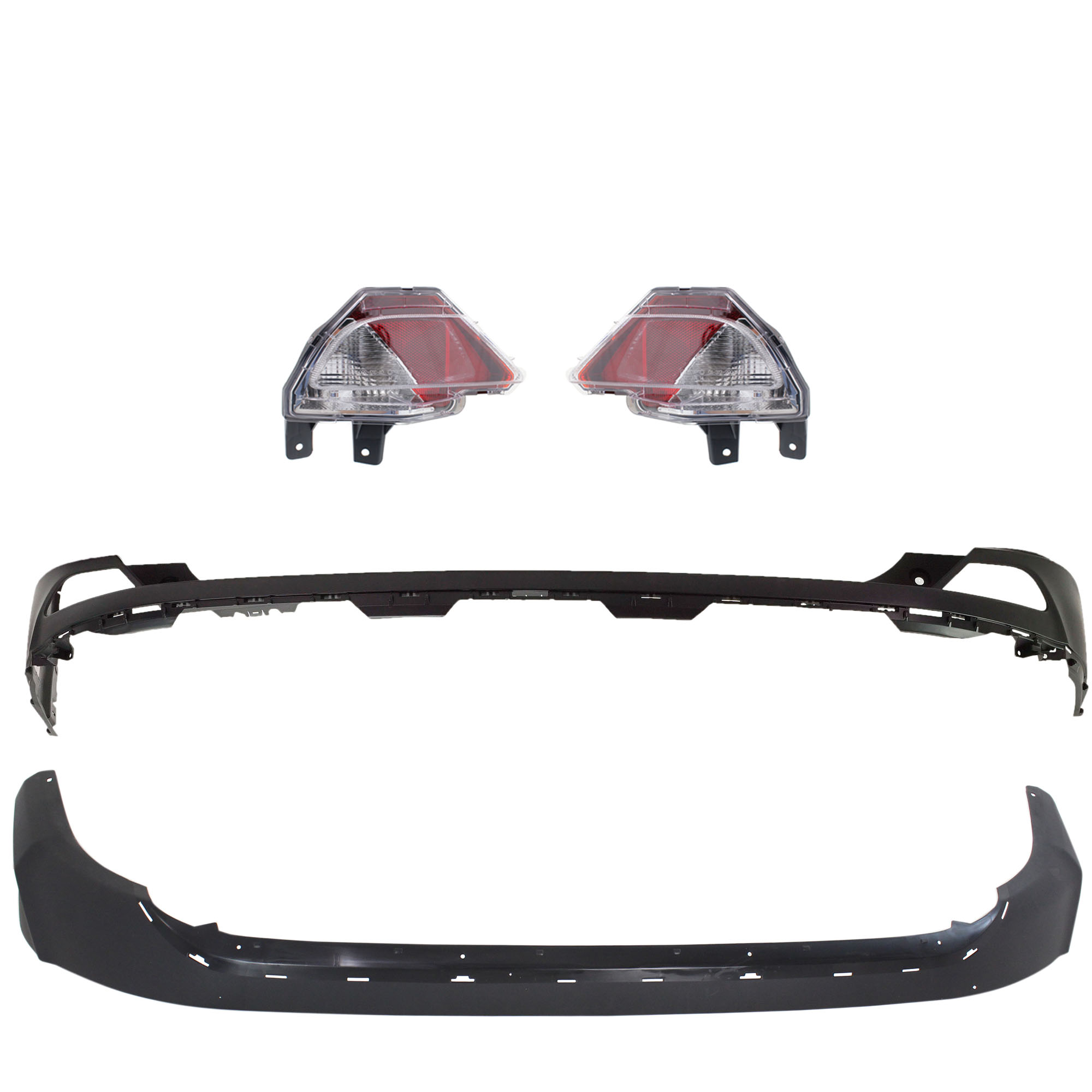 AM RAV4-16-18 REAR BUMPER COVER Upper and Lower Upper Primed Lower Textured 4 pc kit w Back Up Lights CAPA SKU KIT 090123-94 Partslink TO1114103 TO1115106 TO2886105 TO2887105 OEM 5215942930-521690R010-81456420