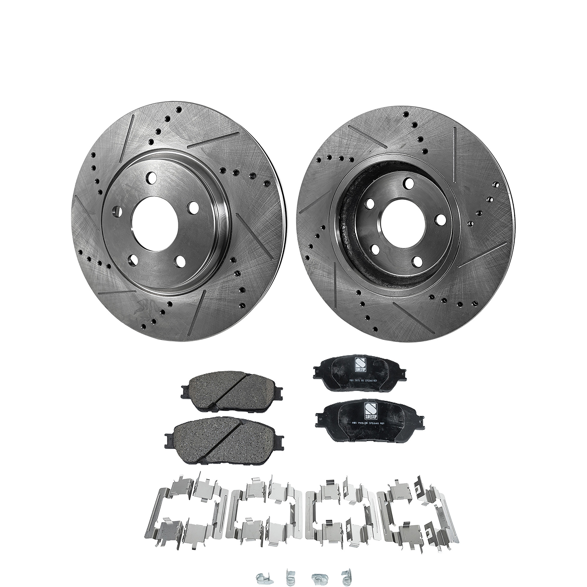 AM TACOMA 05-15 FRONT BRAKE DISC AND PAD KIT 4 pc Kit Cross drilled and Slotted Base X Runner Models Rear Wheel Drive SKU KIT 090222-01 OEM 31428-44586-60405-900358-60076