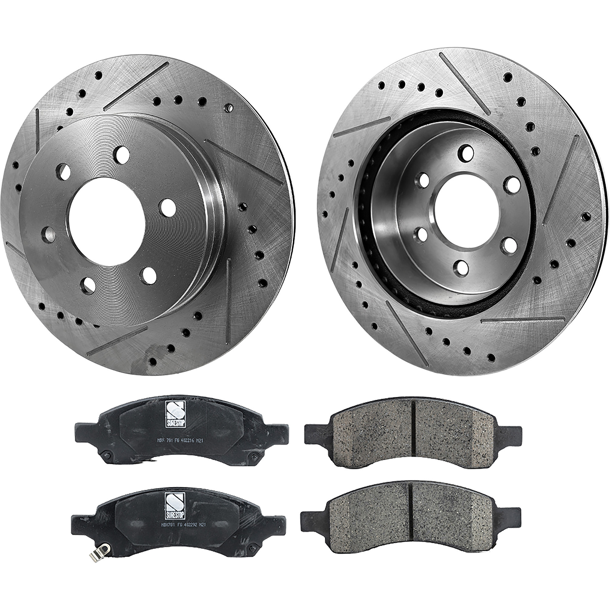 AM ACADIA 07-16 ENCLAVE 08-17 TRAVERSE 09-17 FRONT BRAKE DISC AND PAD KIT 2 Wheel Set Cross drilled and Slotted SKU KIT 090222-04 OEM 41-232-551-506-037-500-000-000-000