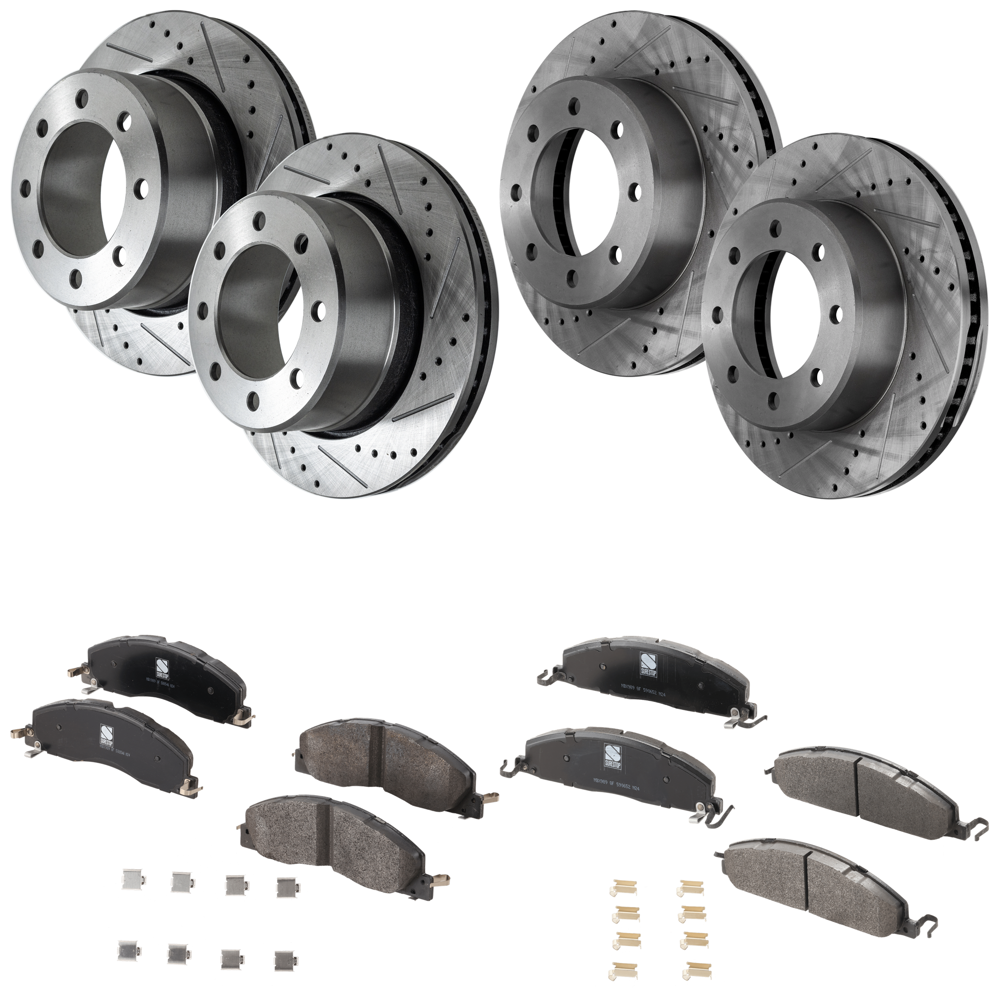 AM RAM 2500-3500 P U 09-18 FRONT AND REAR BRAKE DISC AND PAD KIT 8 pc kit Cross drilled and Slotted SKU KIT 090222-09 OEM 43168-53057-850123-900658-6004
