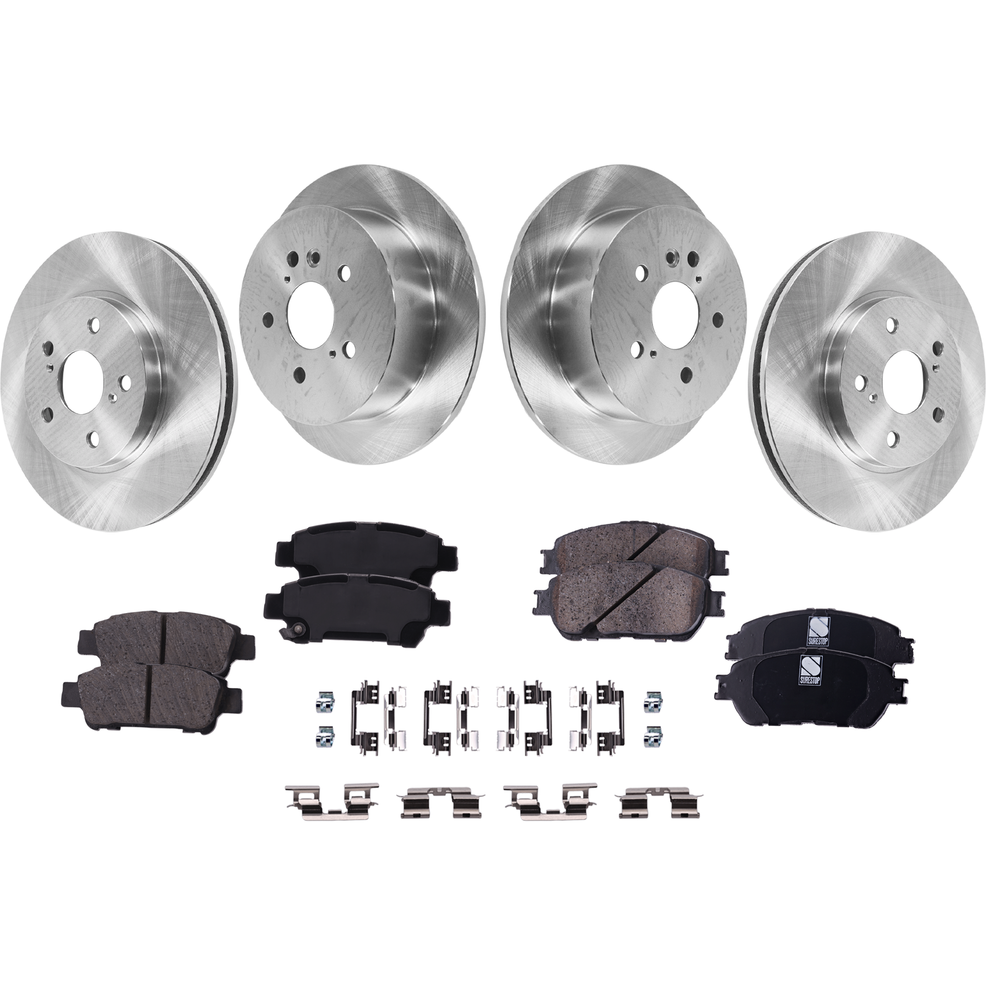 AM SIENNA 04-10 FRONT AND REAR BRAKE DISC AND PAD KIT 8 pc kit Plain Surface SKU KIT 090222-10 OEM 4351233100-4351228180-43512281
